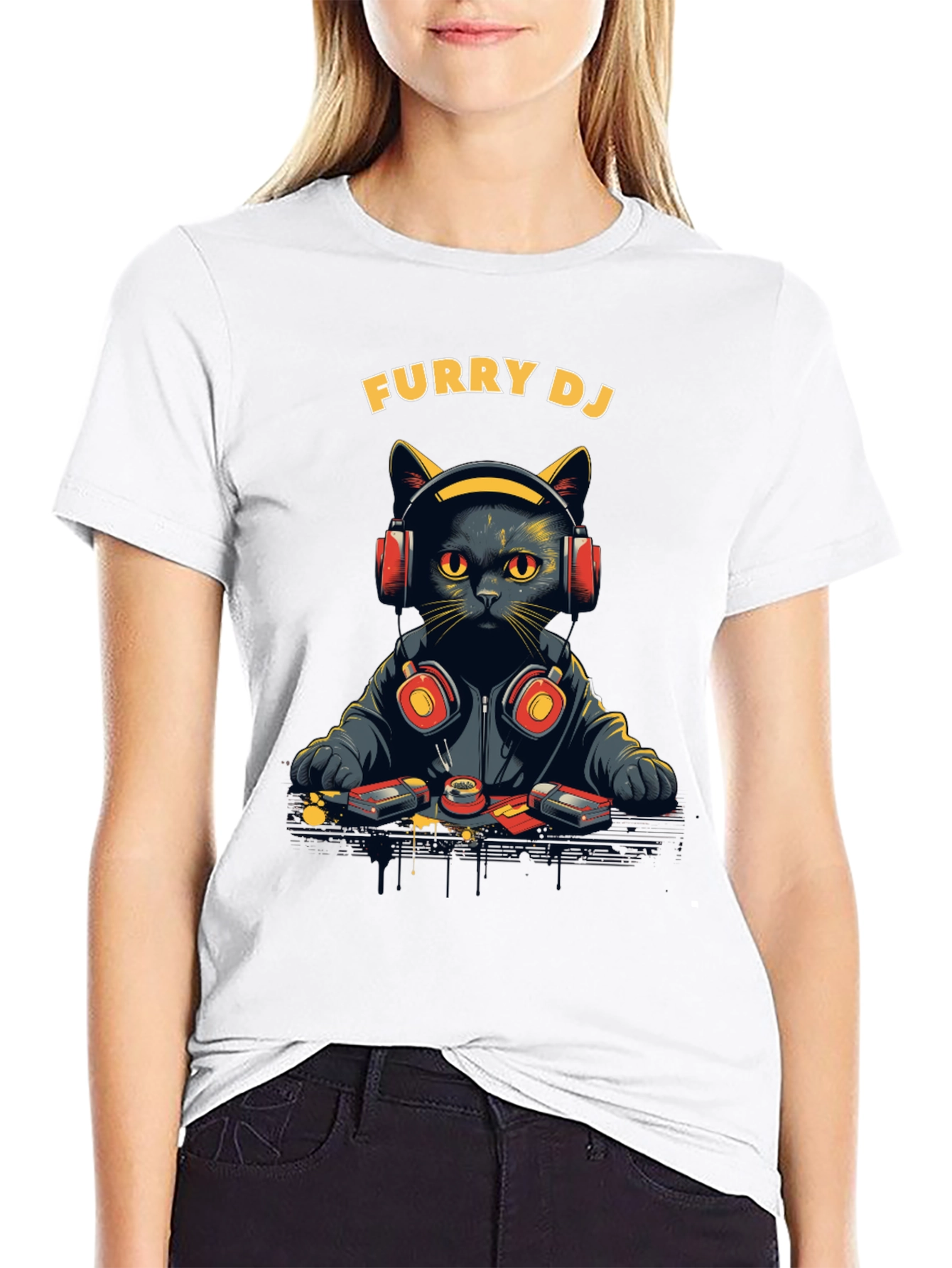 Furry DJ Cat Graphic Tee - Black T-Shirt