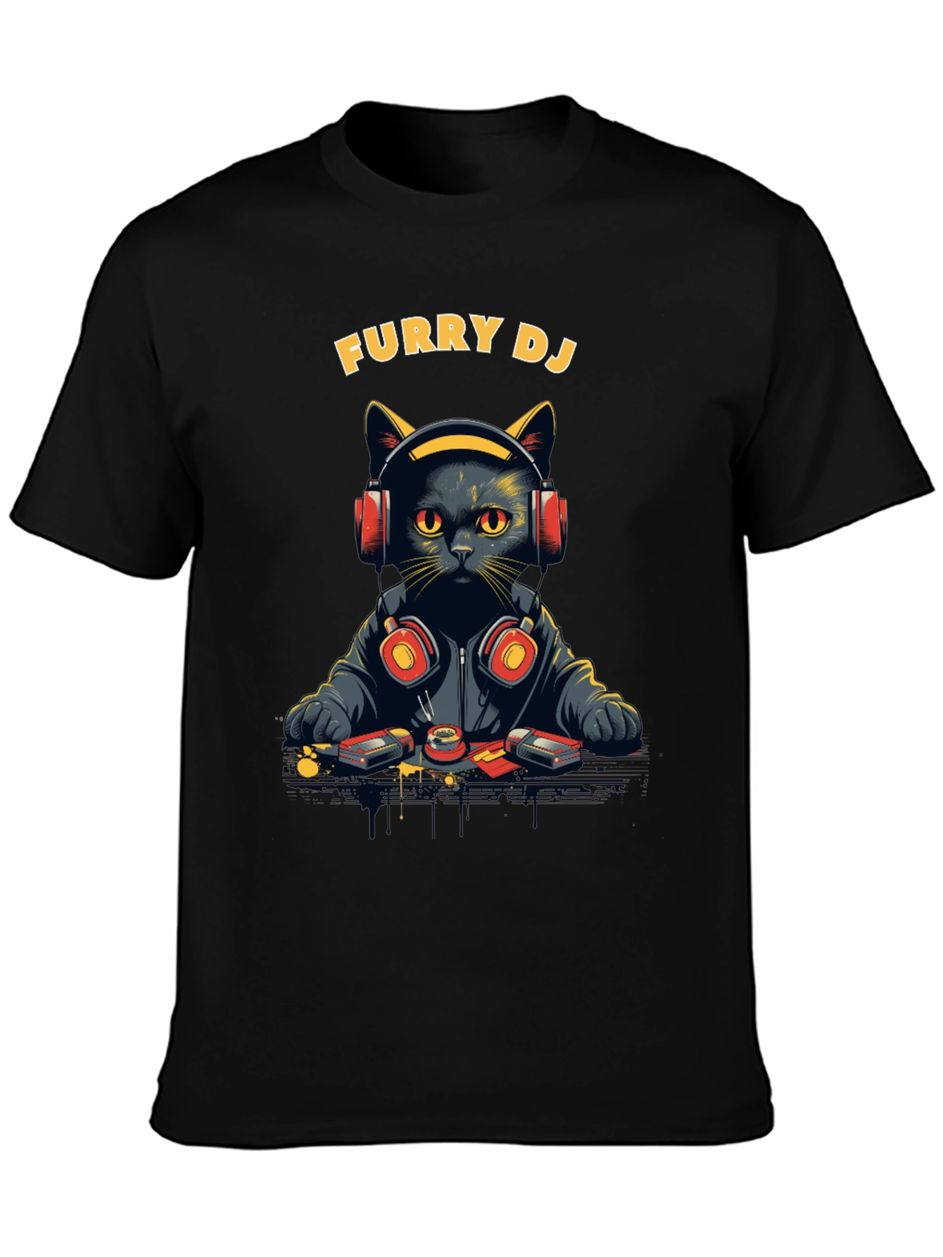 Furry DJ Cat Graphic Tee - Black T-Shirt