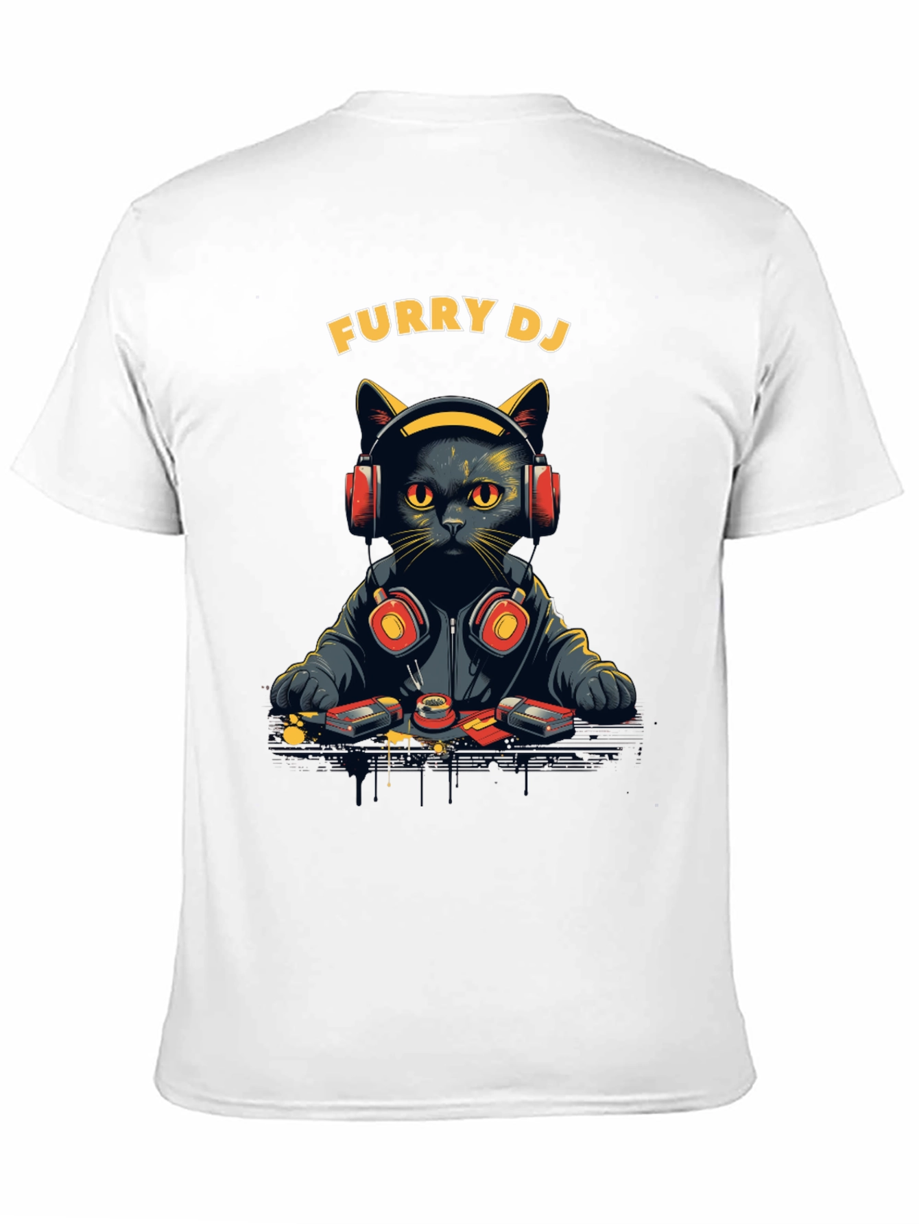 Furry DJ Cat Graphic Tee - Black T-Shirt