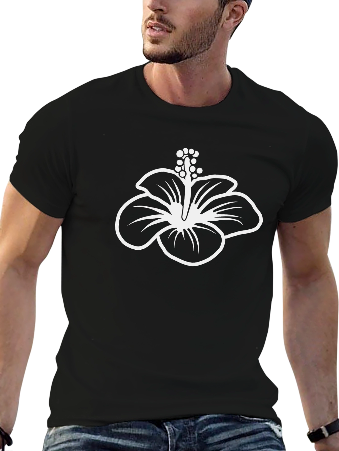 Black T-Shirt with Hibiscus Flower Graphic