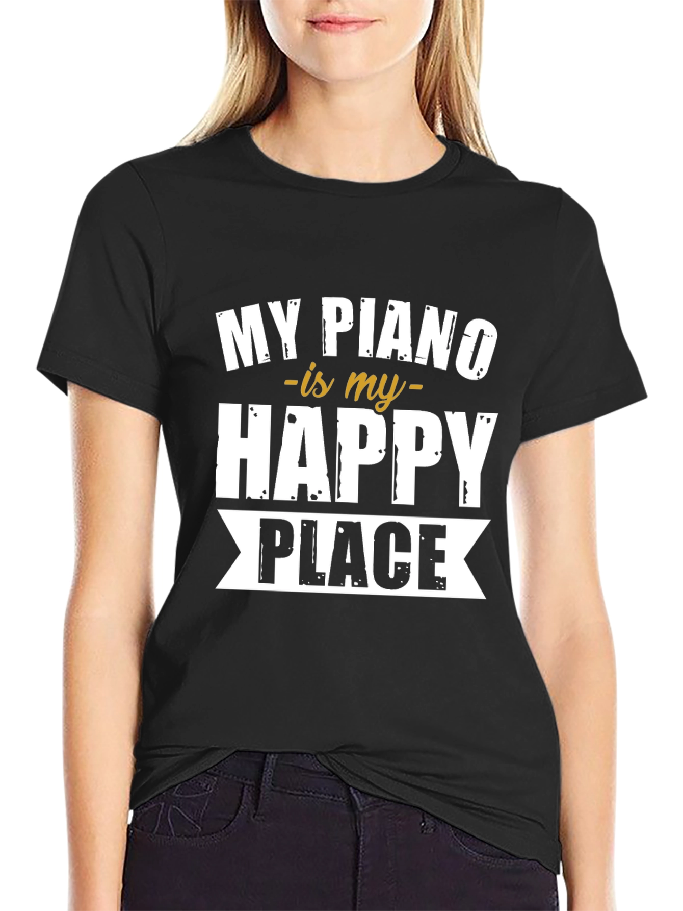 My Piano is My Happy Place Black T-Shirt