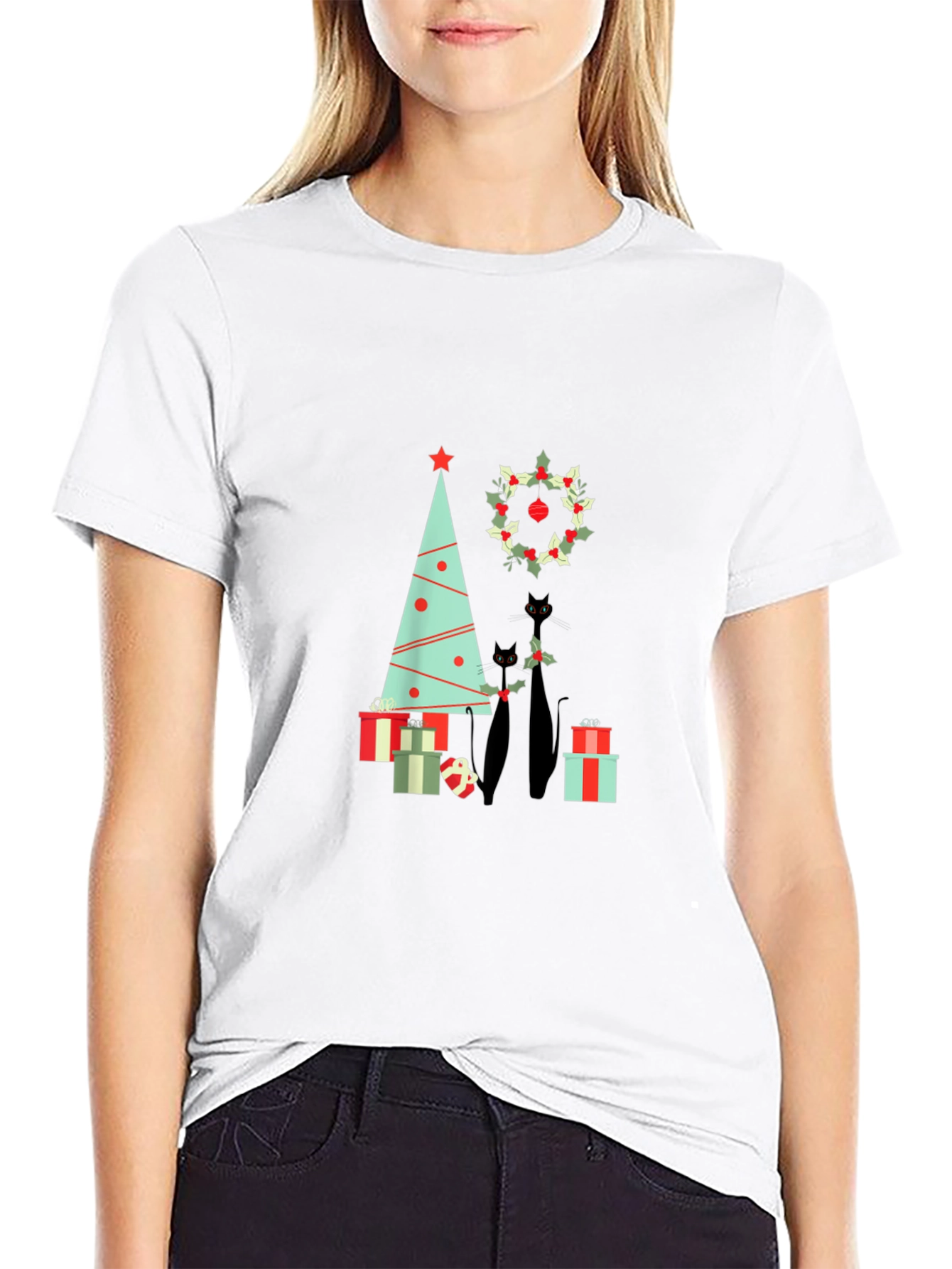 Festive Black Cat Christmas T-Shirt