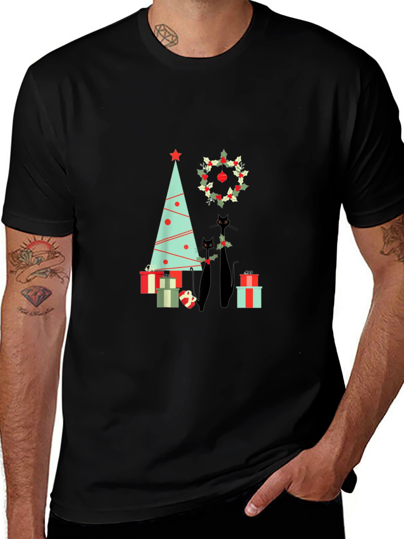 Festive Black Cat Christmas T-Shirt