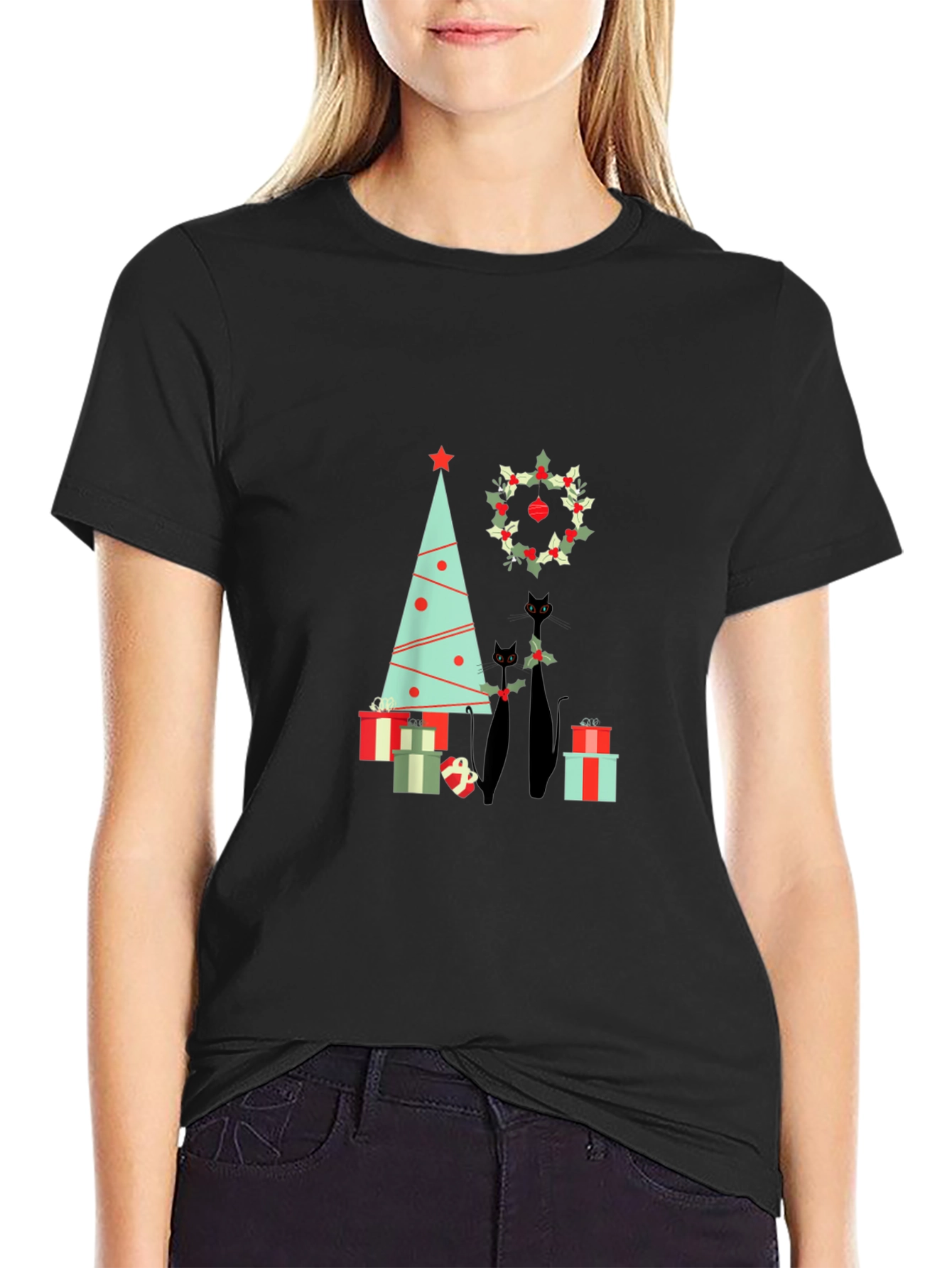 Festive Black Cat Christmas T-Shirt
