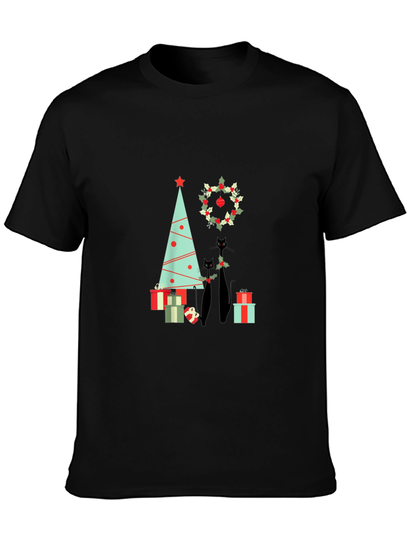 Festive Black Cat Christmas T-Shirt