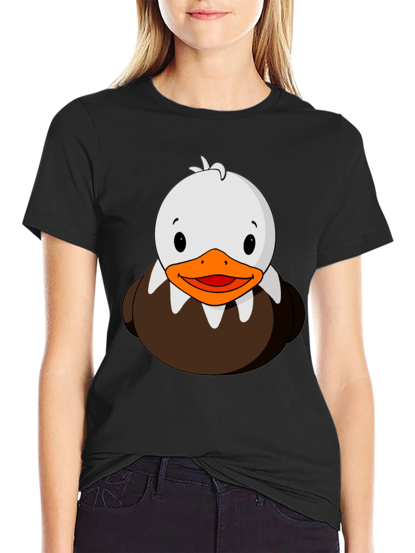Cute Duck Cartoon Graphic Black T-Shirt