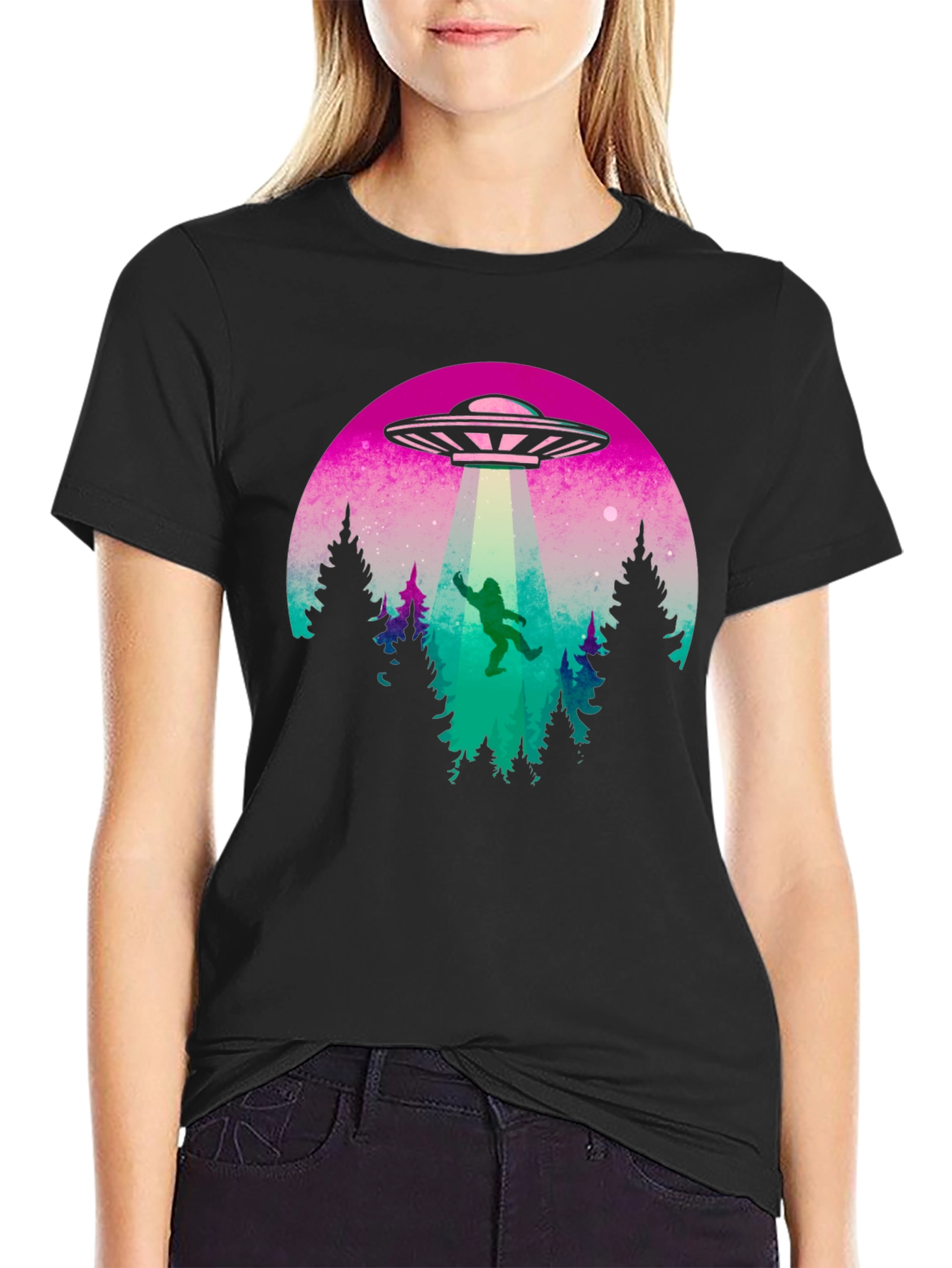 UFO Abduction Bigfoot T-Shirt - Black