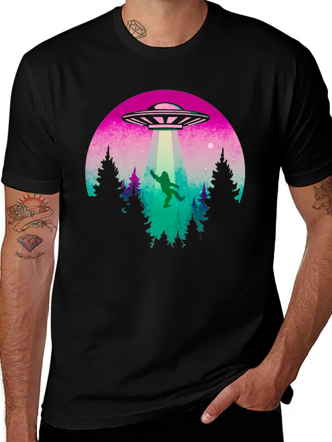 UFO Abduction Bigfoot T-Shirt - Black