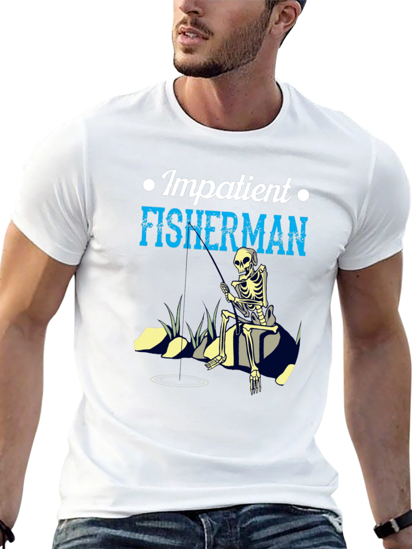 Impatient Fisherman Graphic T-Shirt - Skeleton Design