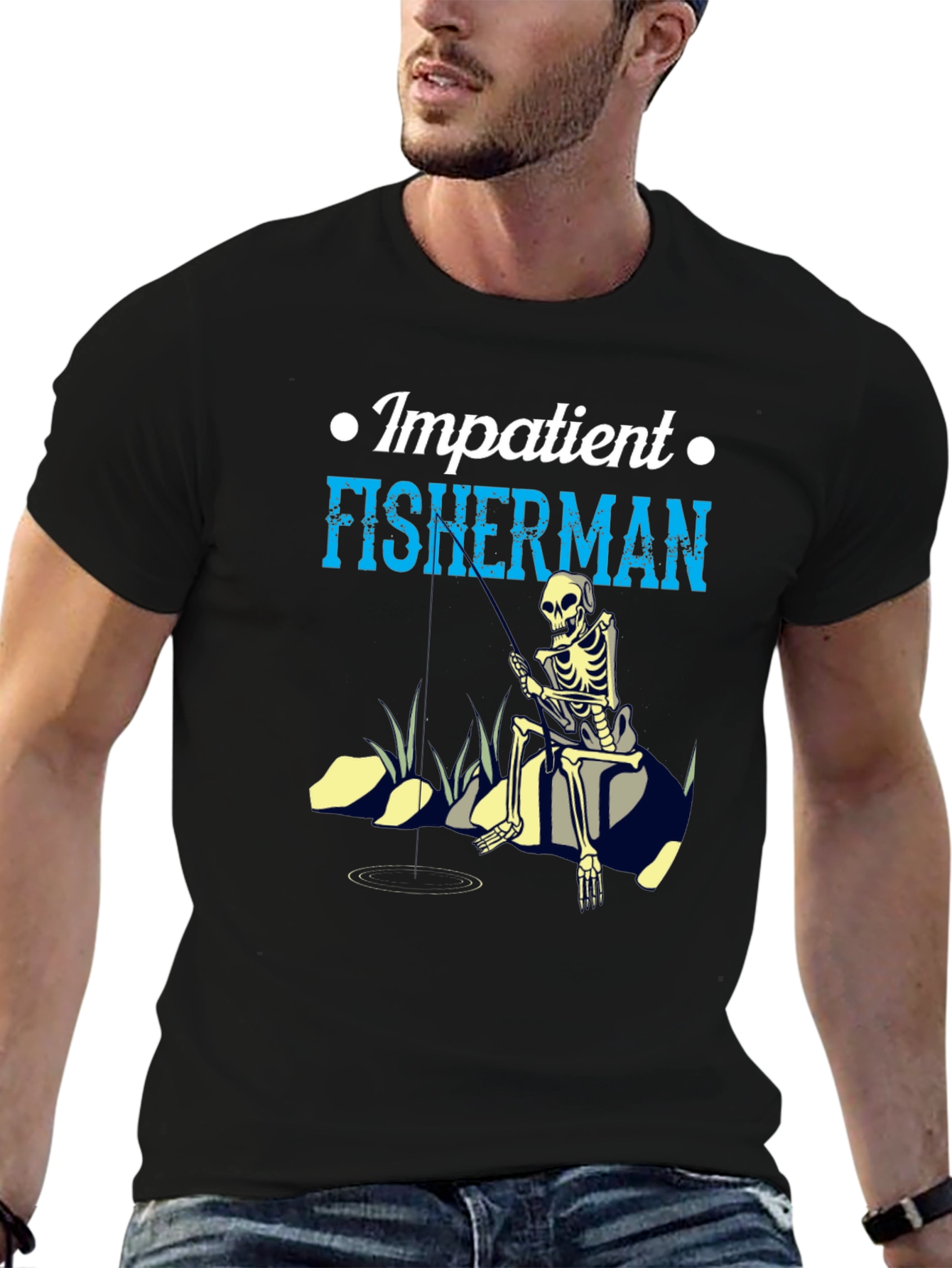 Impatient Fisherman Graphic T-Shirt - Skeleton Design