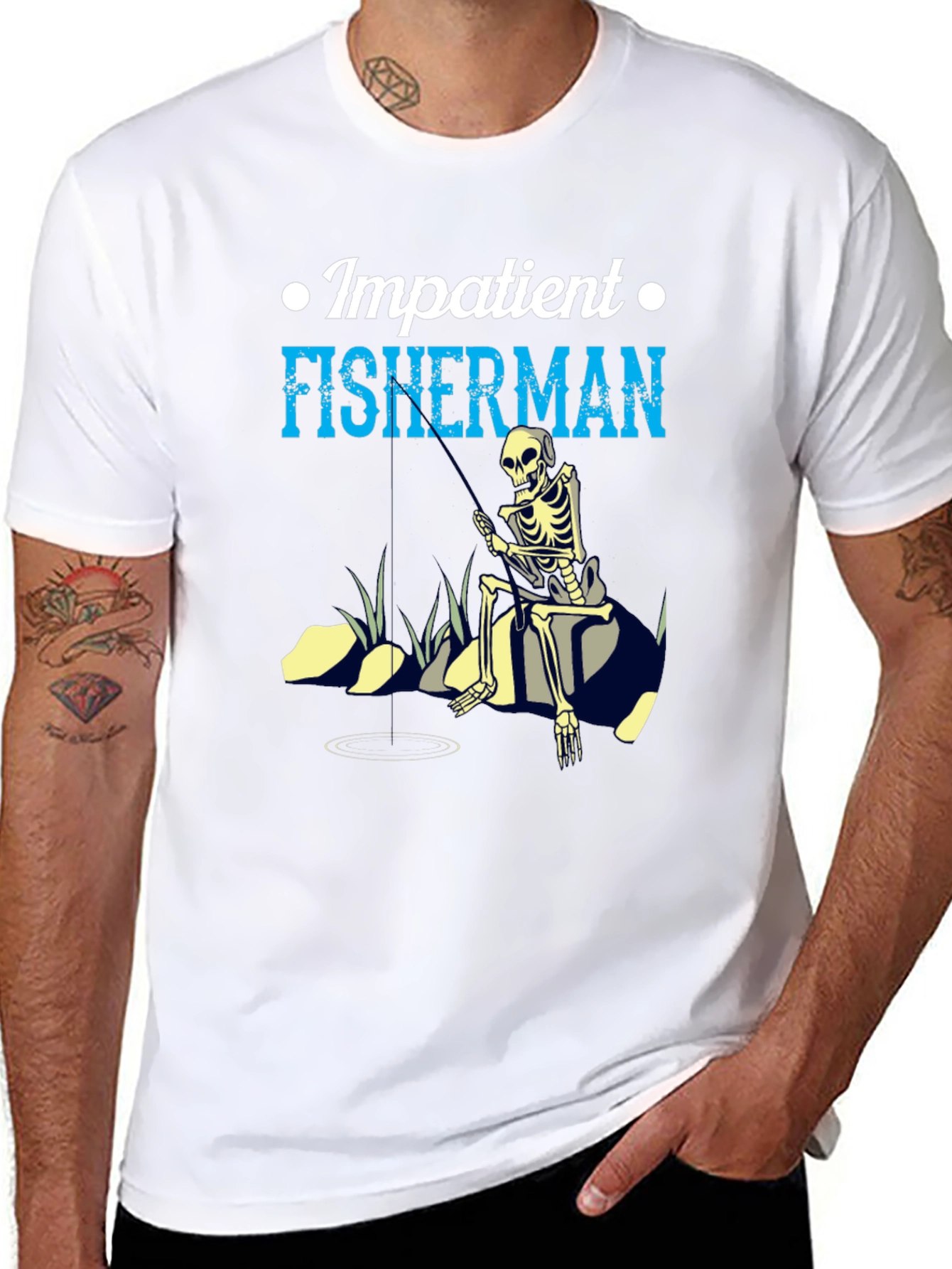 Impatient Fisherman Graphic T-Shirt - Skeleton Design