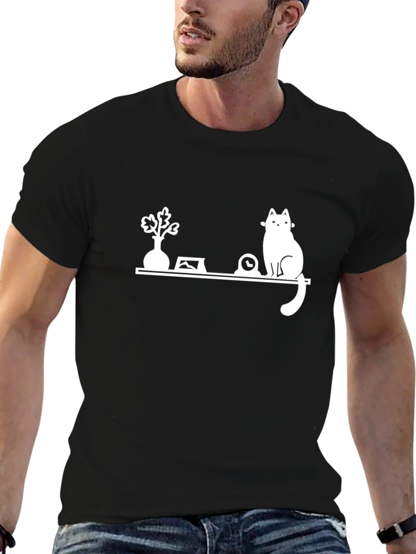 Cat Shelf Graphic Tee - Stylish Black T-Shirt