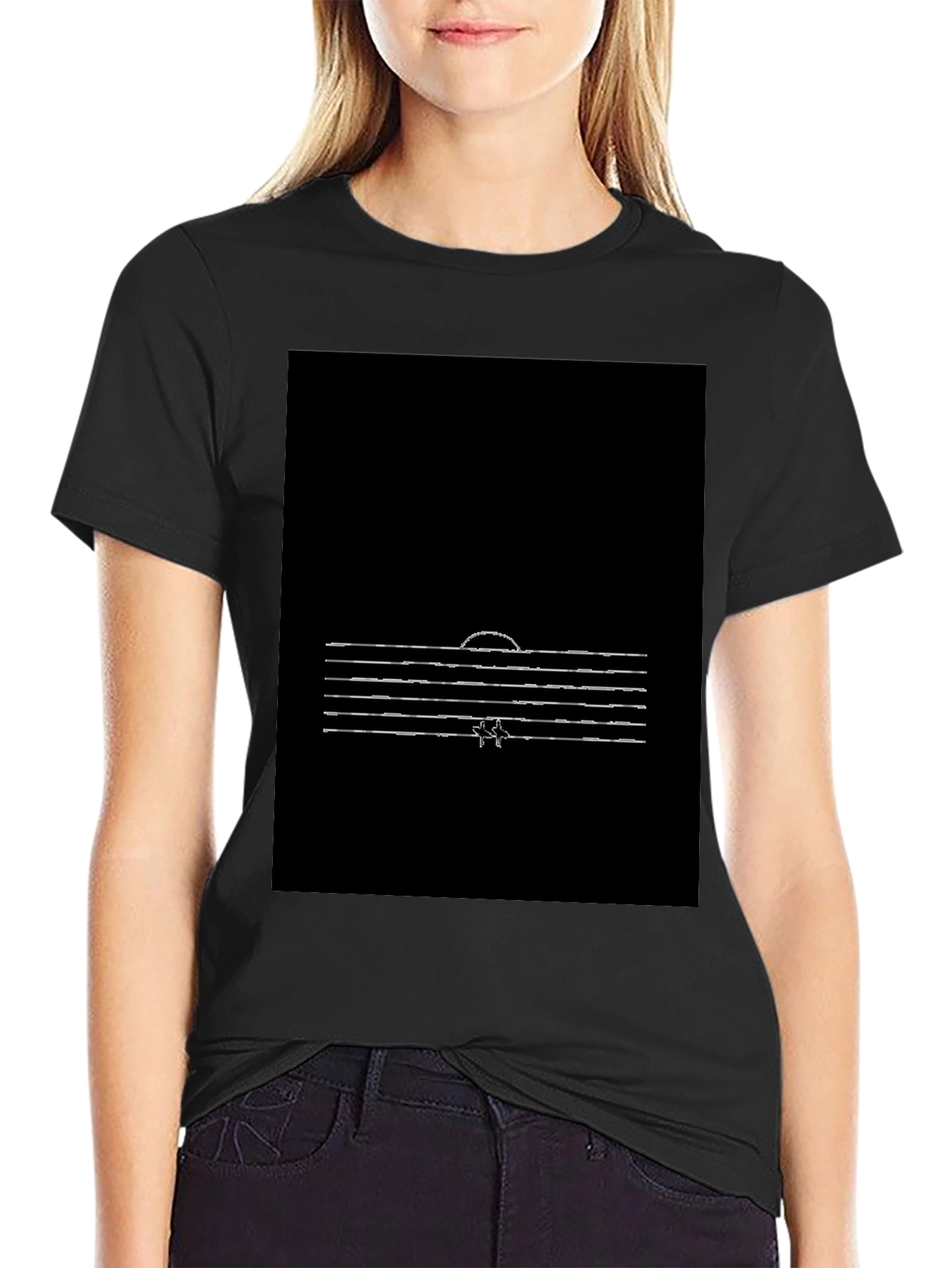 Minimalist Sunset Line Art Black T-Shirt
