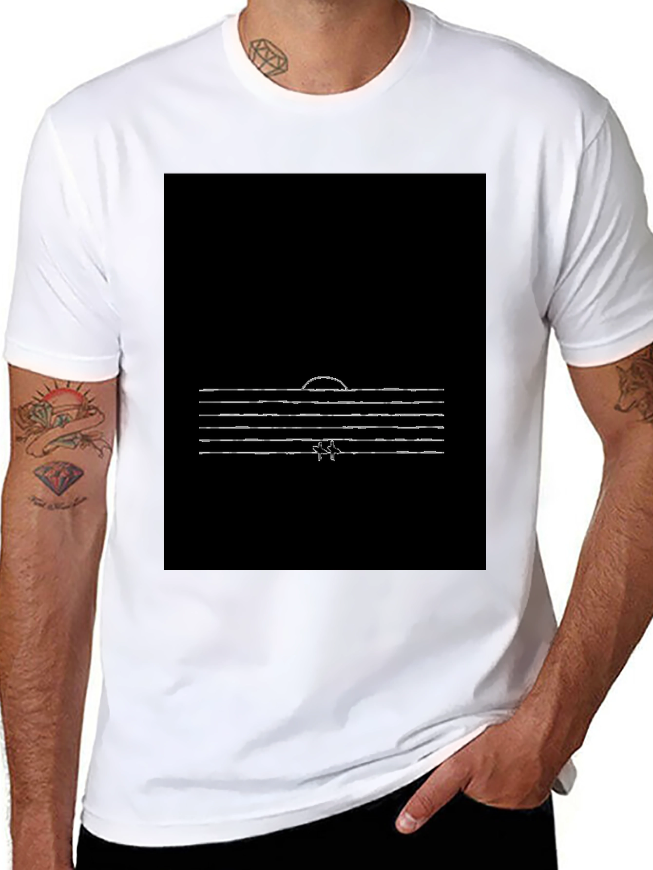 Minimalist Sunset Line Art Black T-Shirt