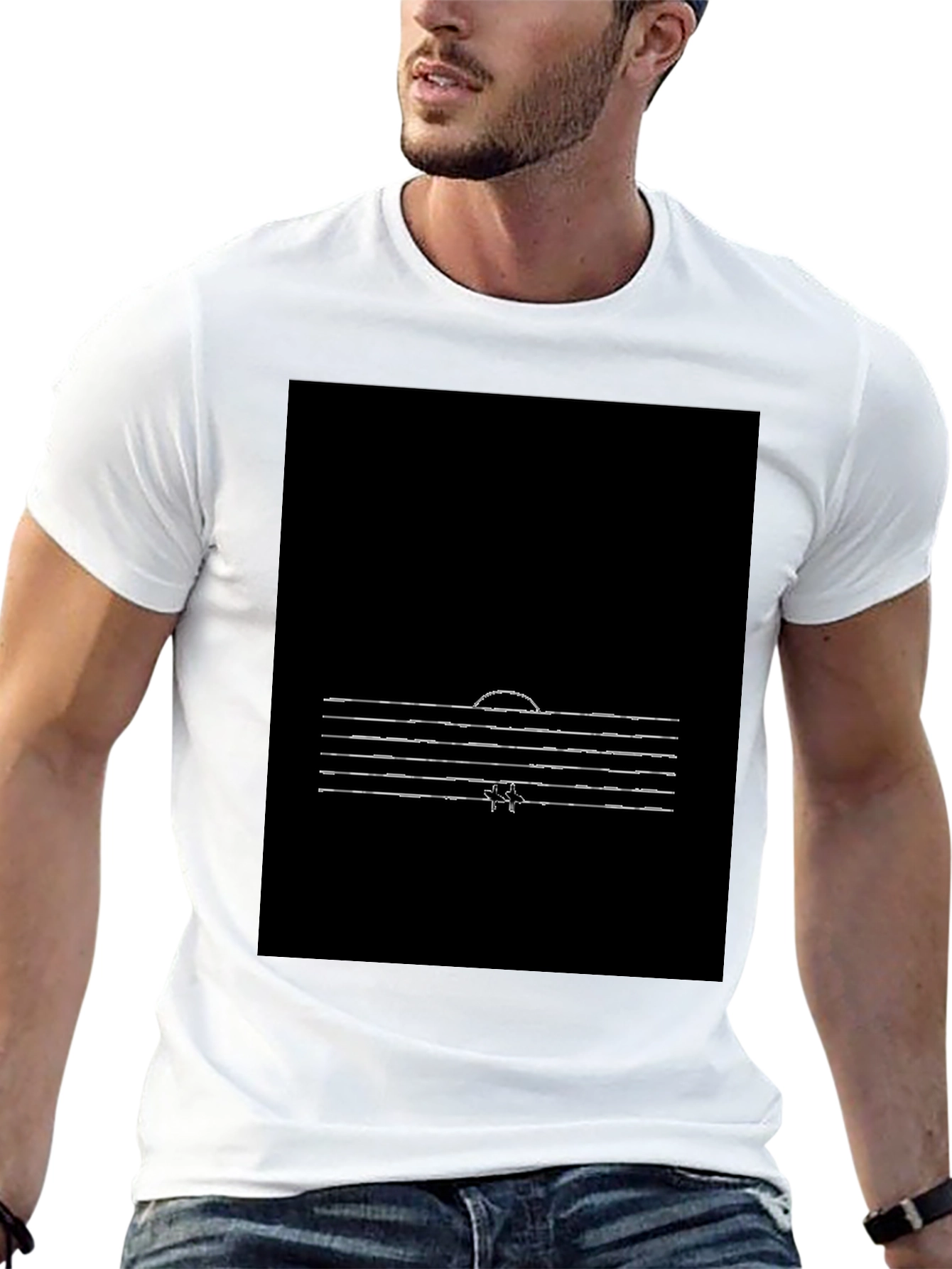 Minimalist Sunset Line Art Black T-Shirt