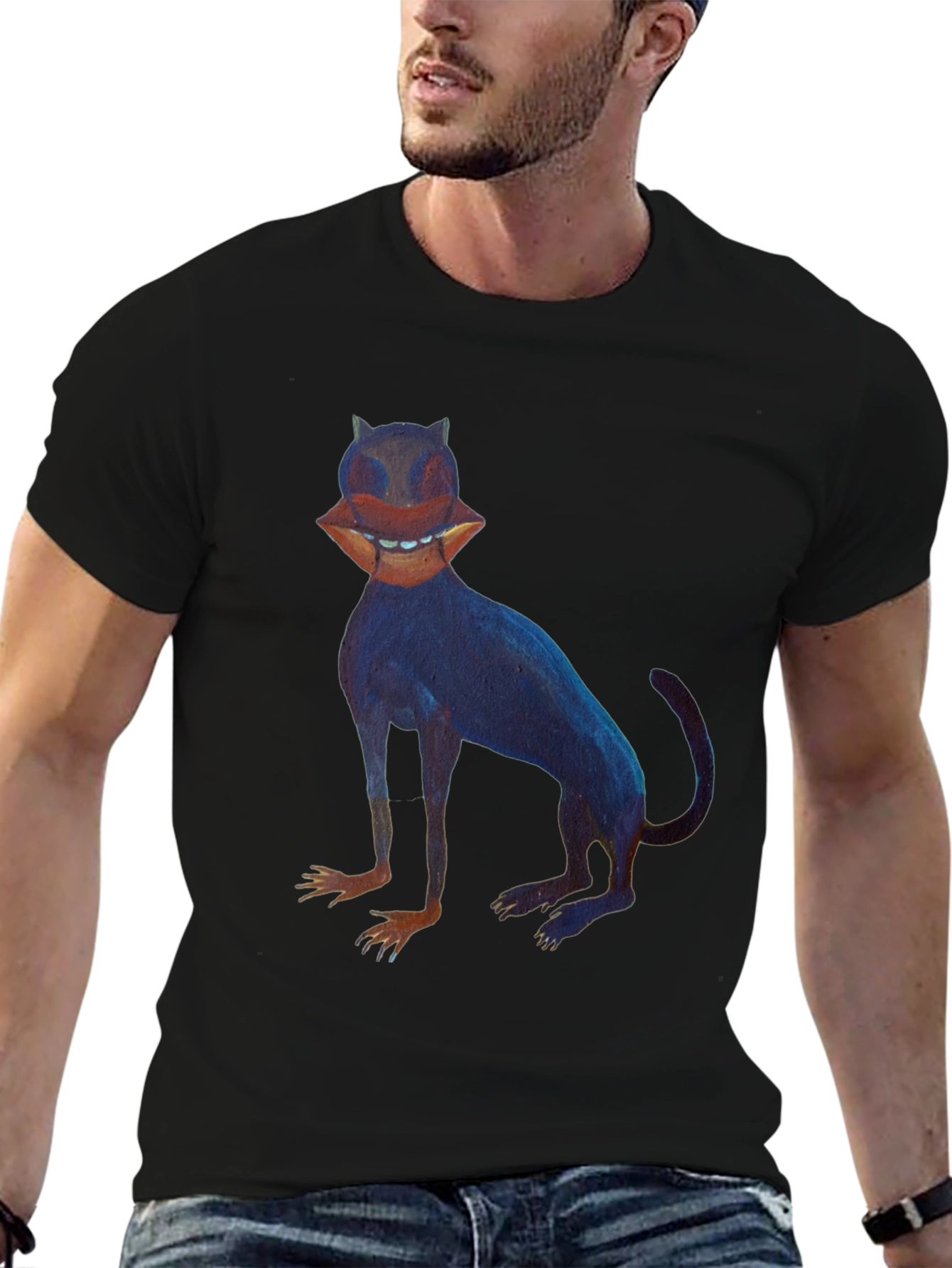 Surreal Cat Graphic Tee - Unique Black T-Shirt