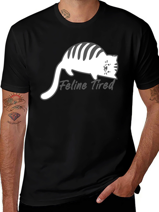 Feline Tired Black T-Shirt - Relaxed Cat Design