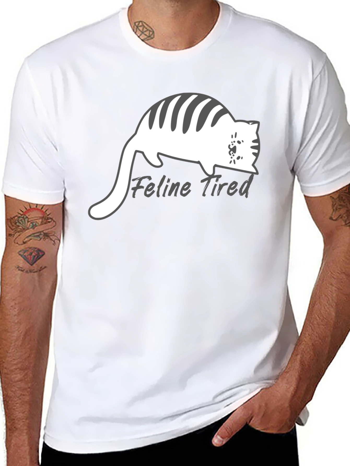 Feline Tired Black T-Shirt - Relaxed Cat Design