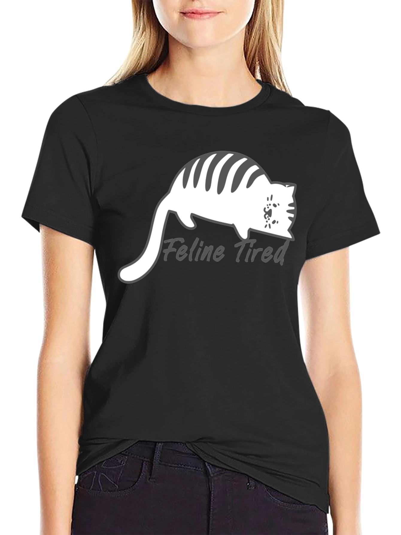 Feline Tired Black T-Shirt - Relaxed Cat Design