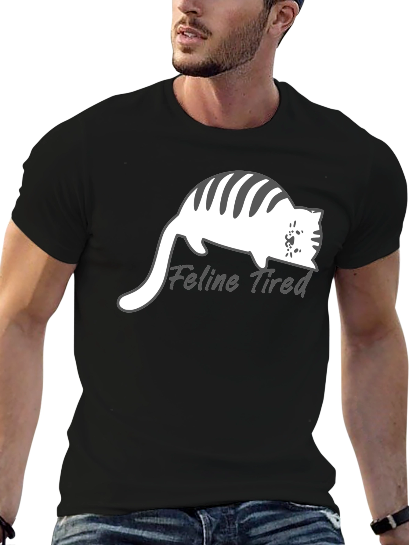 Feline Tired Black T-Shirt - Relaxed Cat Design