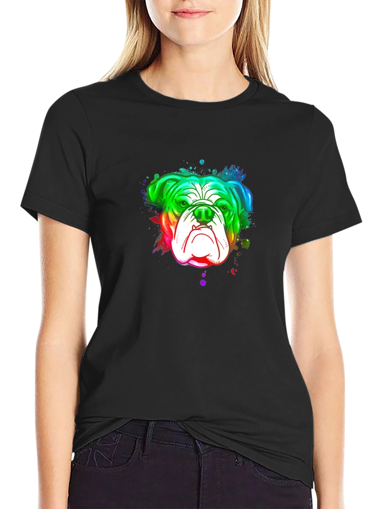 Rainbow Bulldog Graphic Black T-Shirt