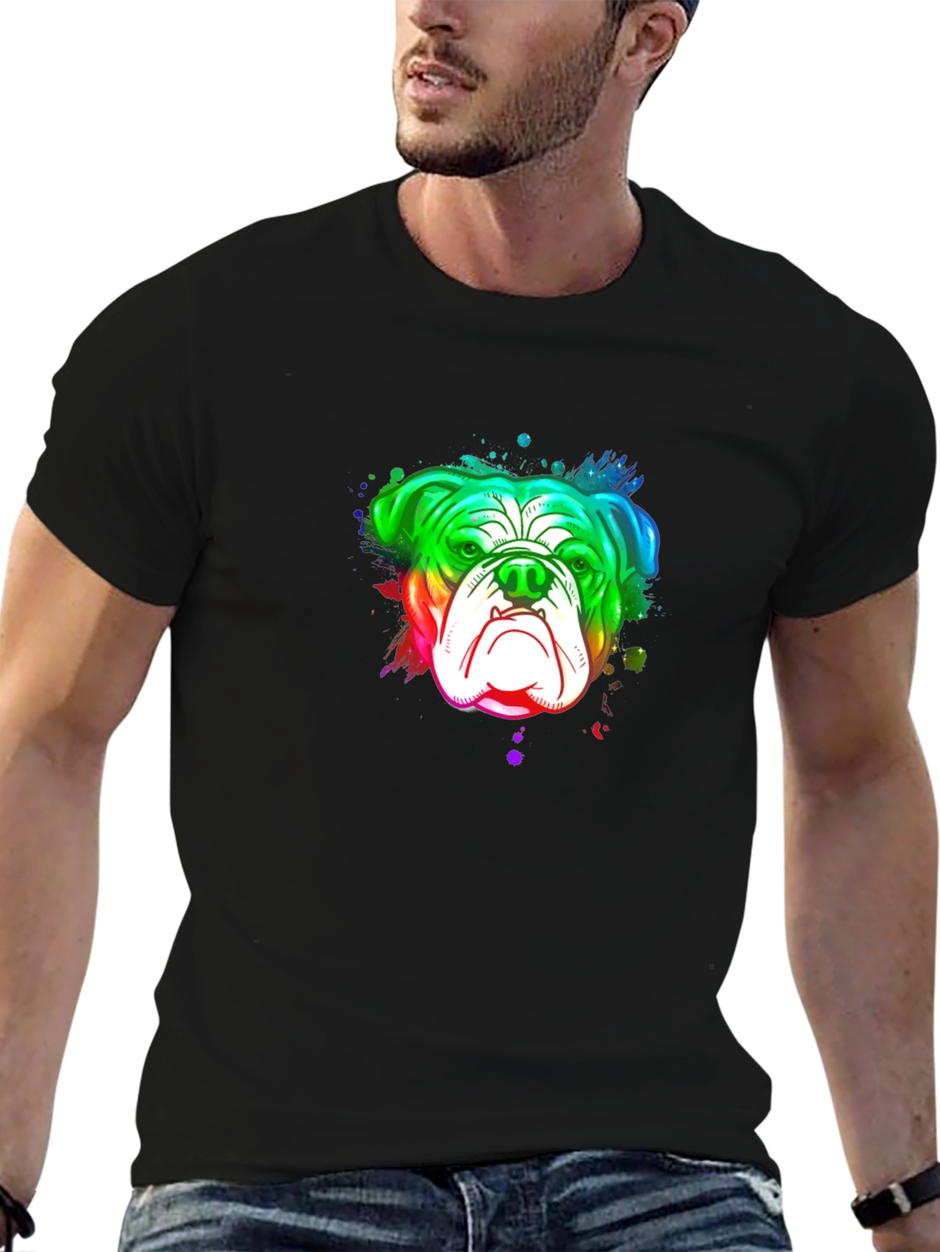 Rainbow Bulldog Graphic Black T-Shirt
