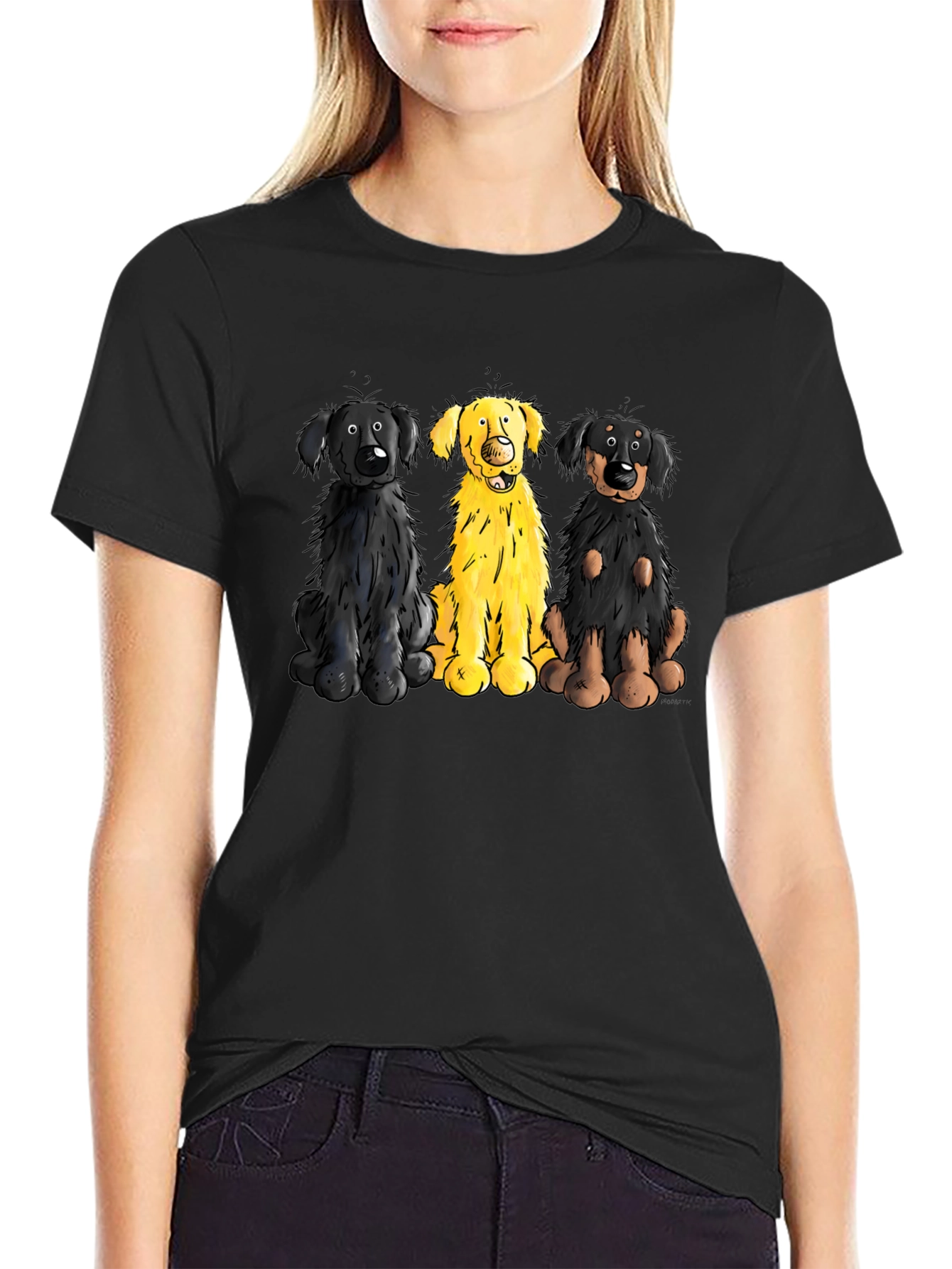 Cartoon Dog Trio Graphic Black T-Shirt