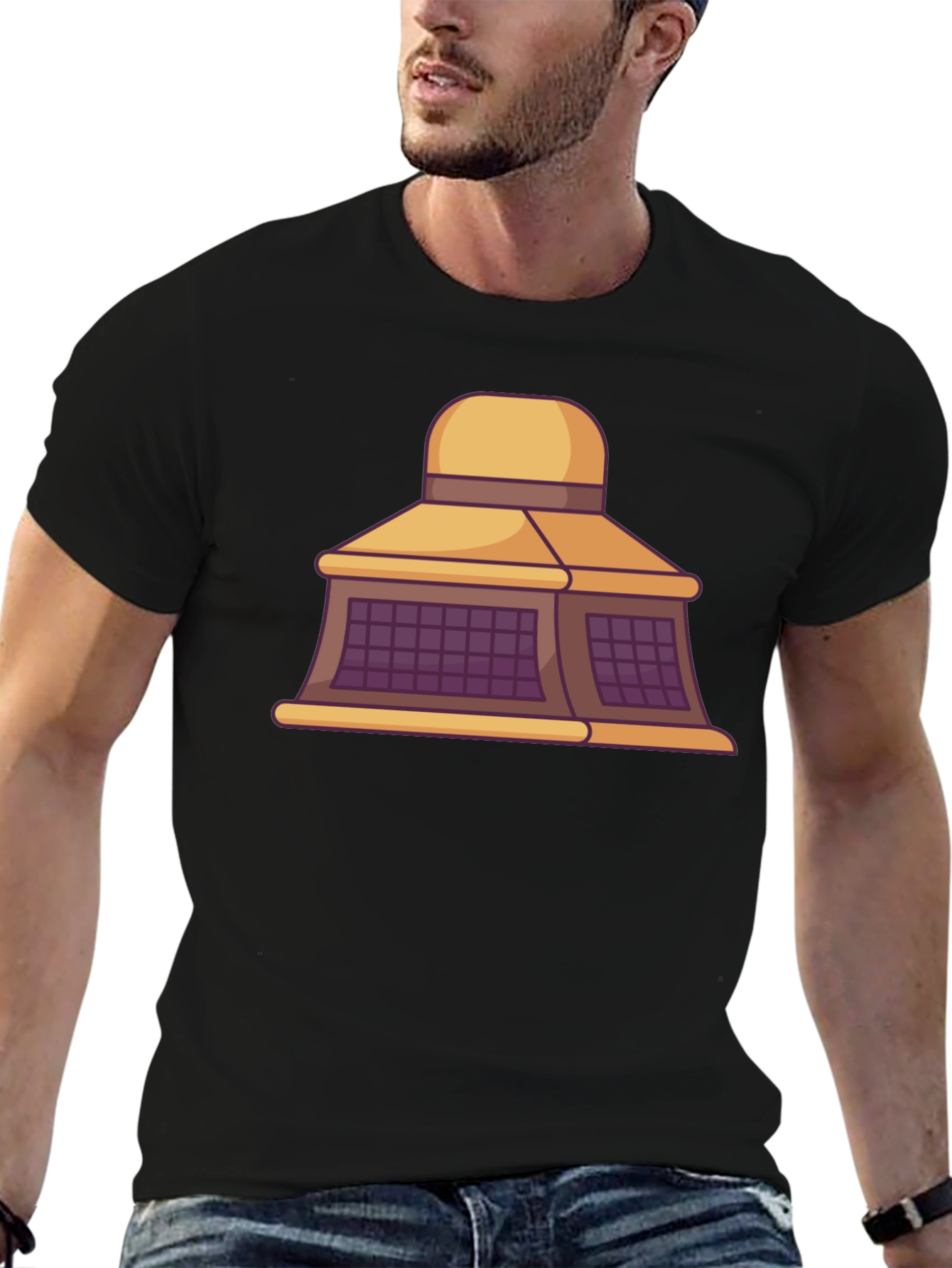 Black T-Shirt with Building Cartoon Design