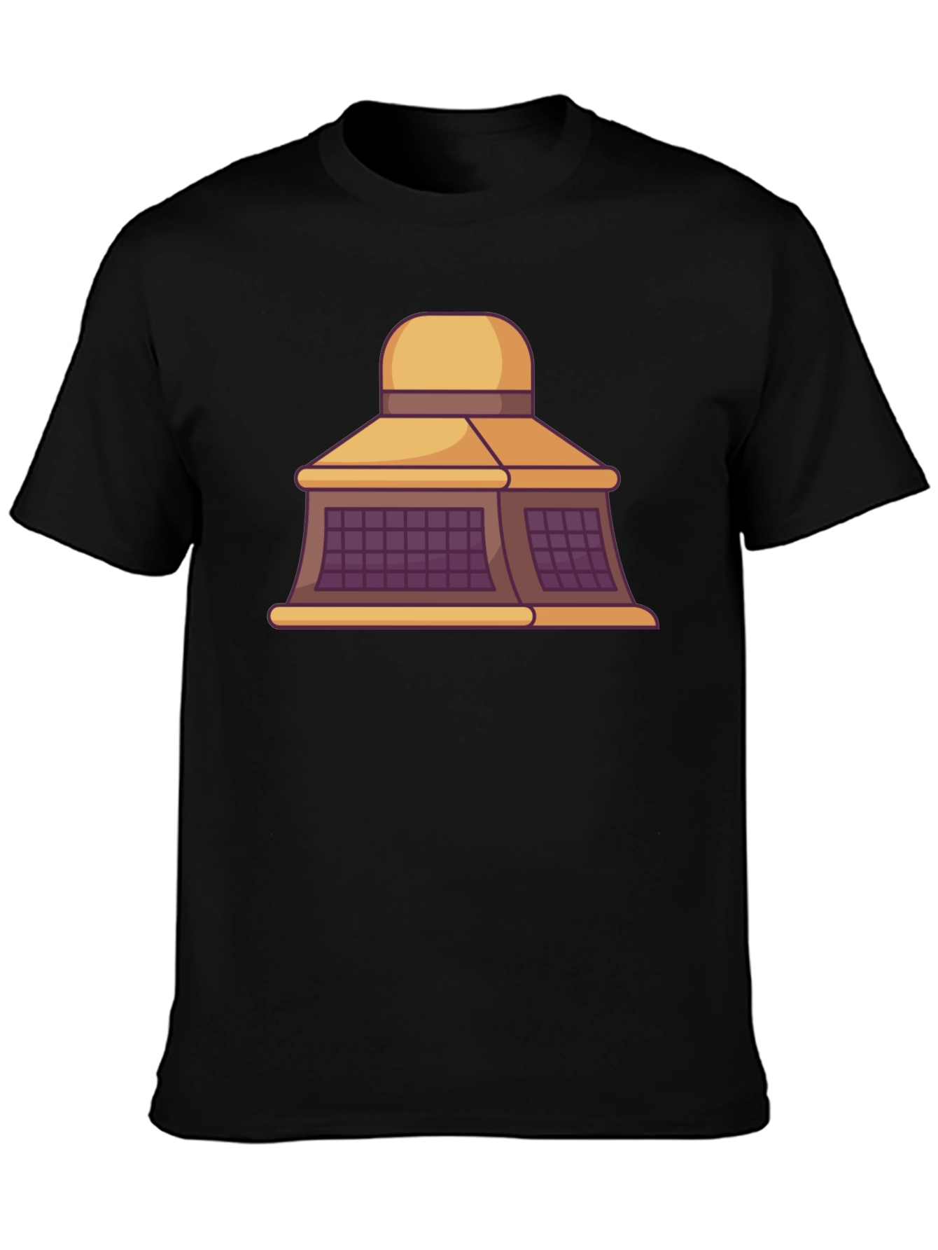 Black T-Shirt with Building Cartoon Design