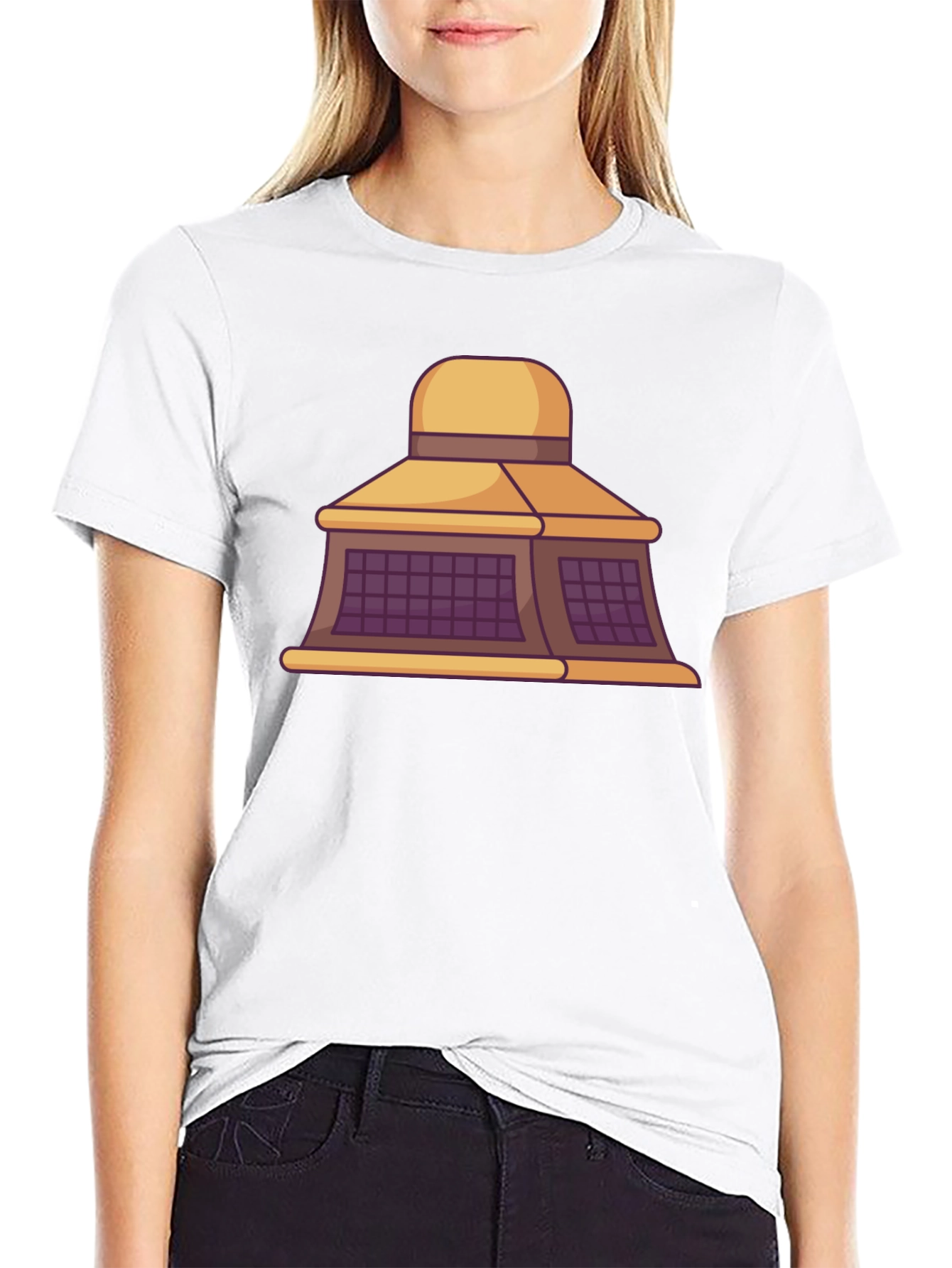 Black T-Shirt with Building Cartoon Design