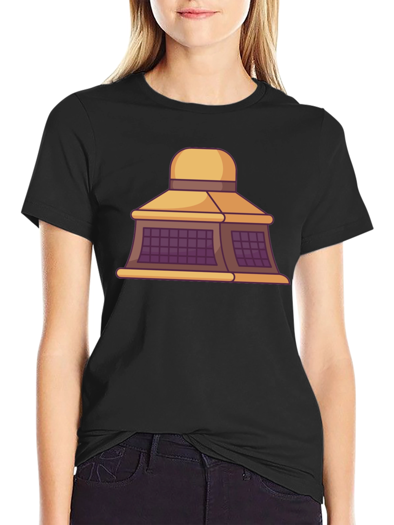 Black T-Shirt with Building Cartoon Design