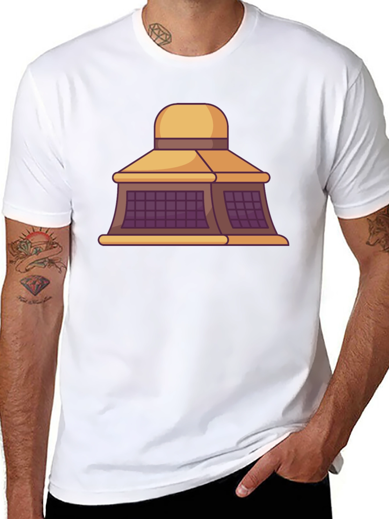 Black T-Shirt with Building Cartoon Design