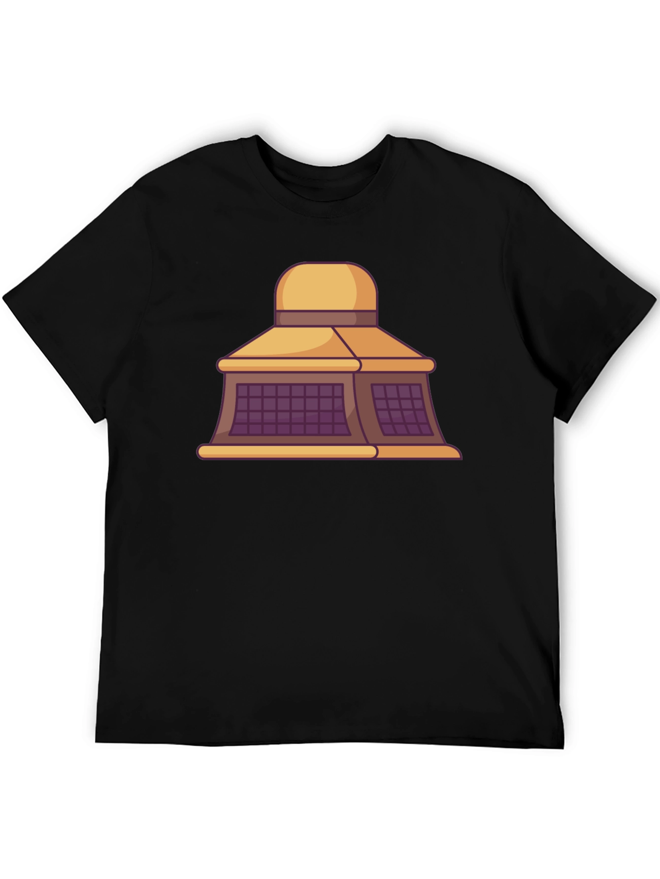 Black T-Shirt with Building Cartoon Design