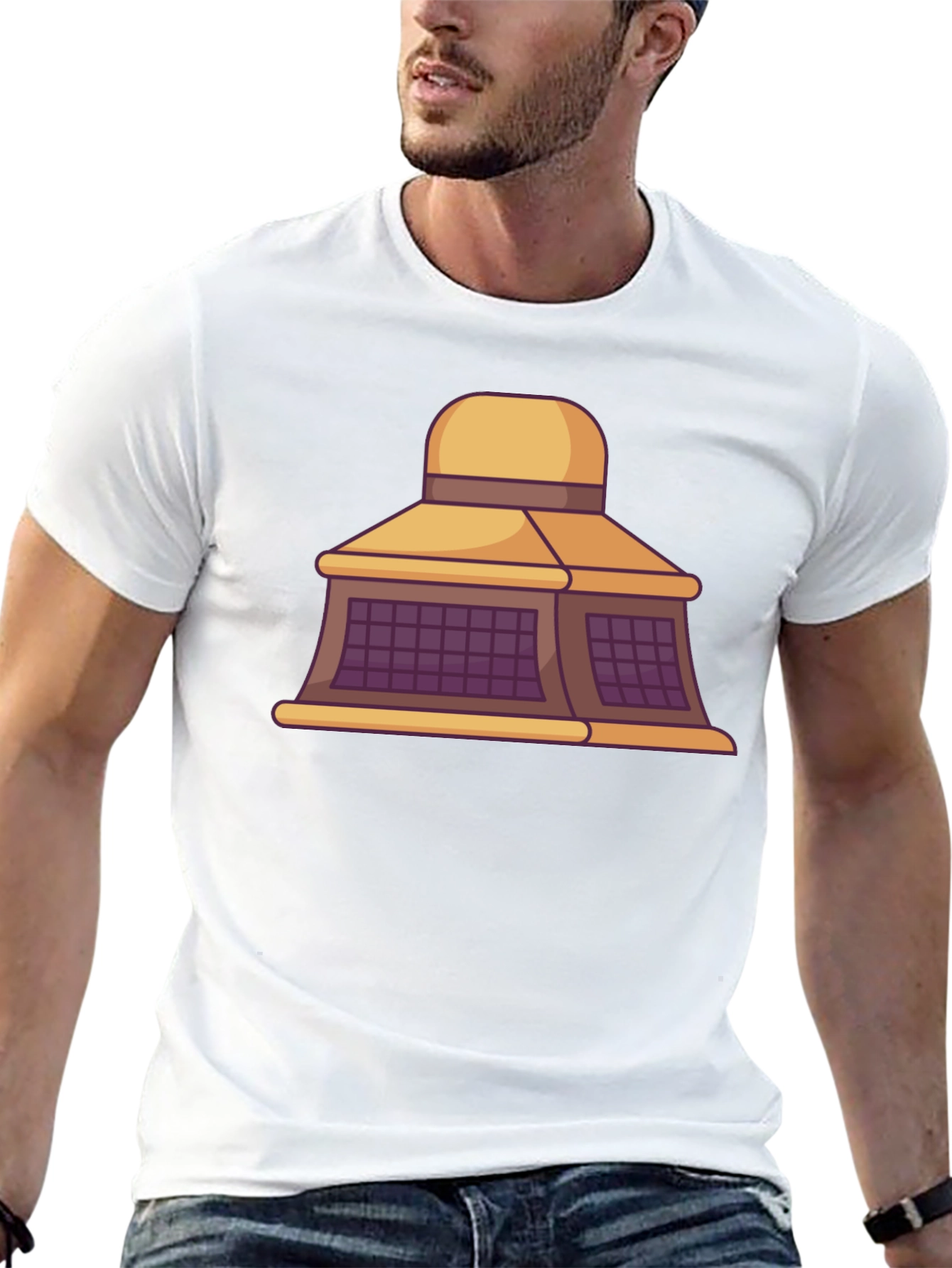 Black T-Shirt with Building Cartoon Design