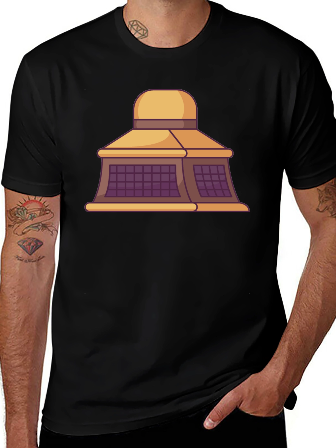 Black T-Shirt with Building Cartoon Design