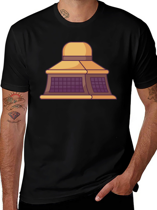 Black T-Shirt with Building Cartoon Design