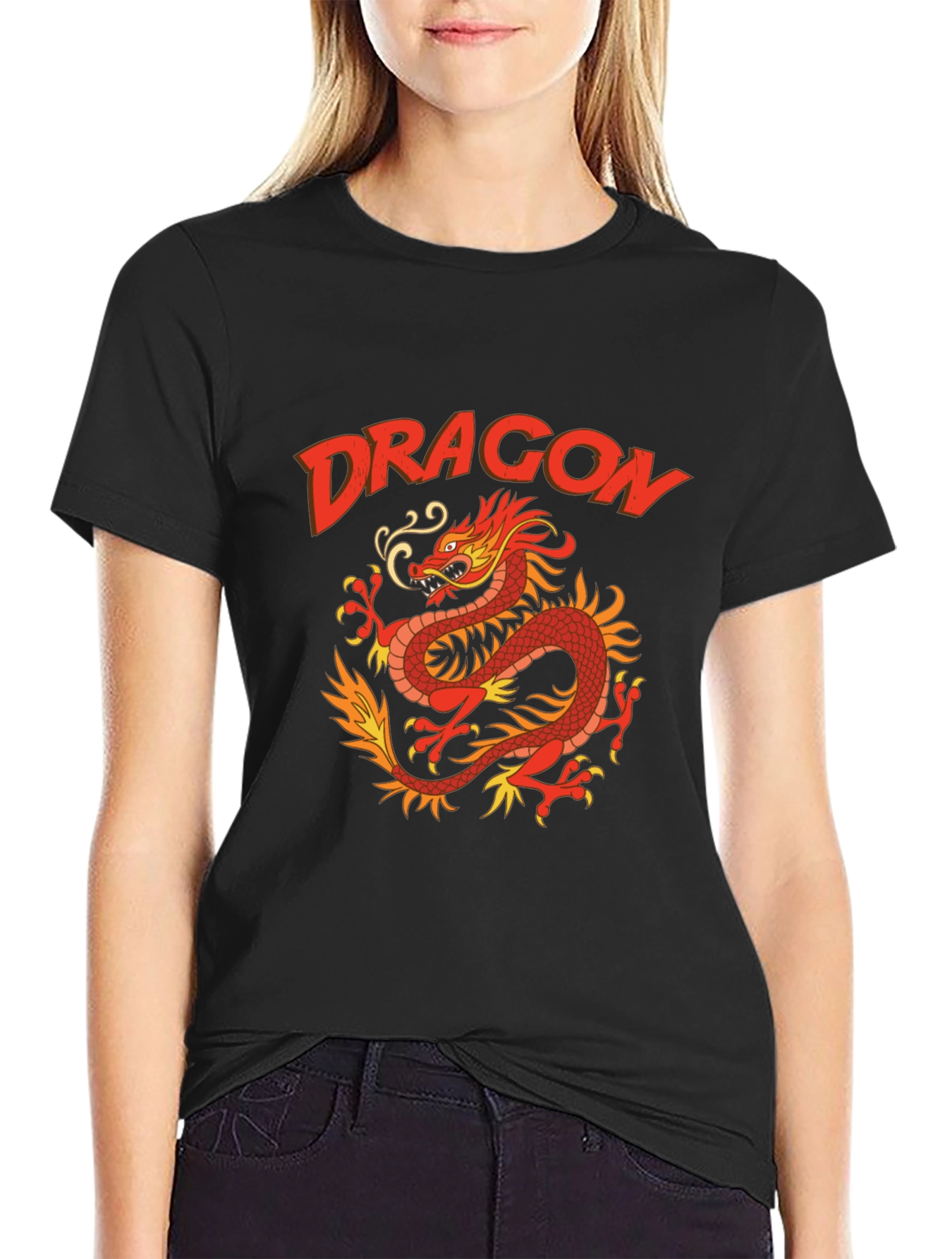 Dragon Graphic Print T-Shirt - Classic Crew Neck Tee