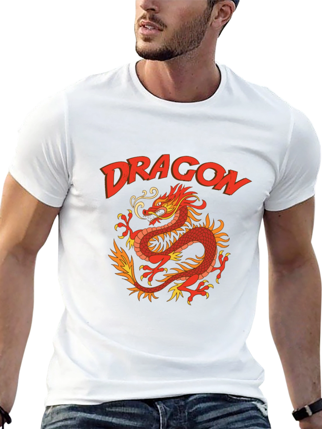 Dragon Graphic Print T-Shirt - Classic Crew Neck Tee