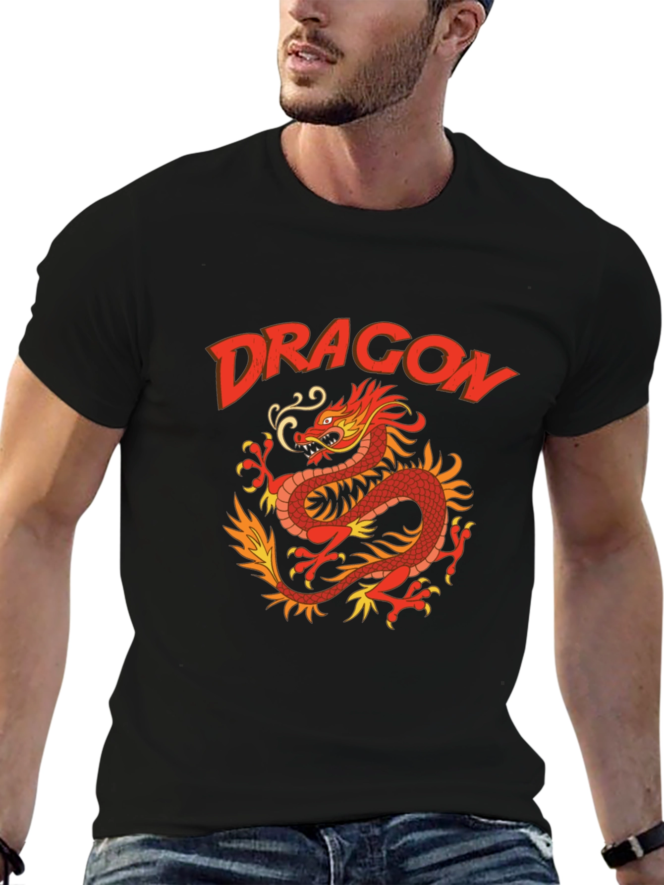 Dragon Graphic Print T-Shirt - Classic Crew Neck Tee
