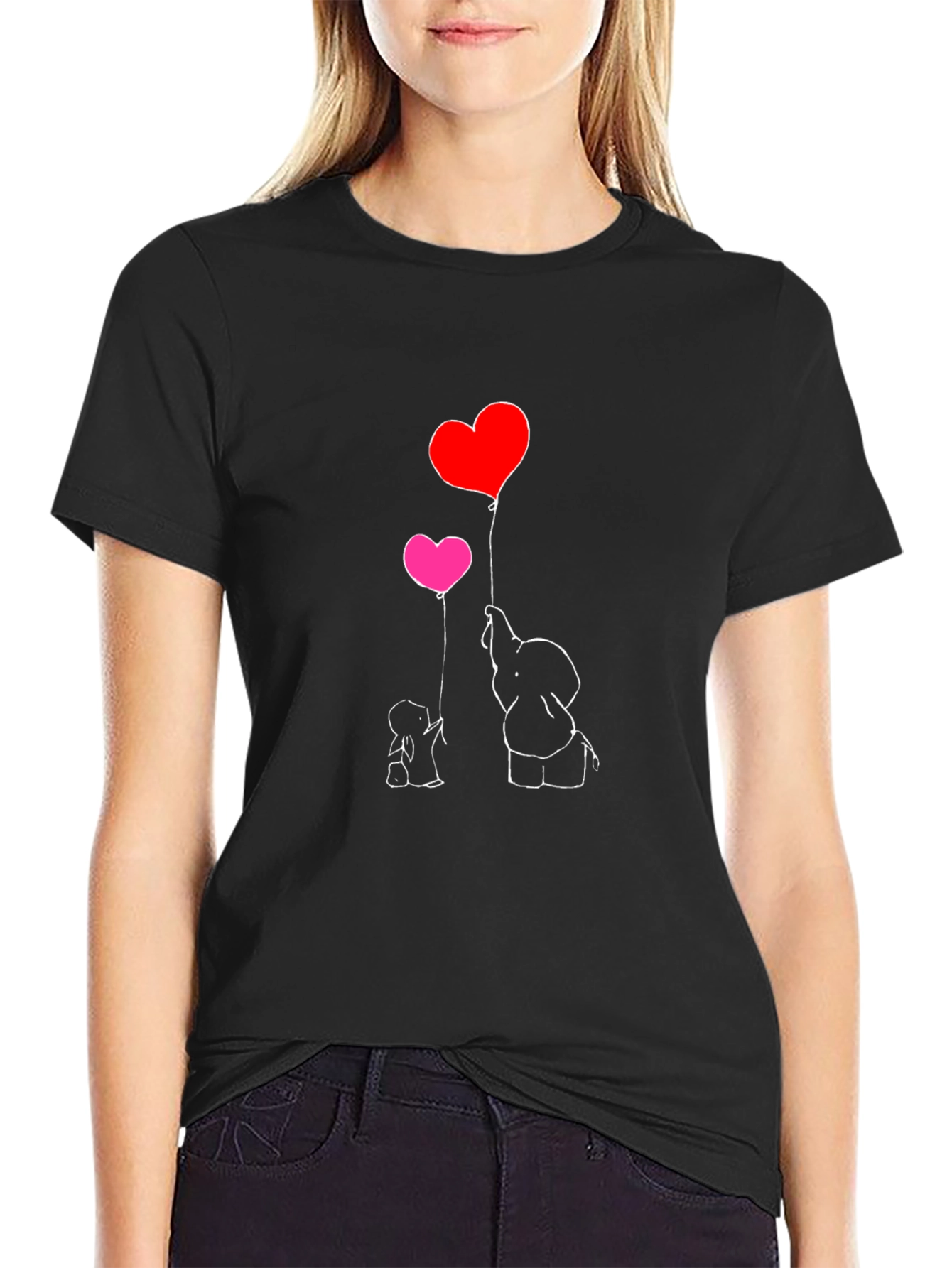 Elephant Love Heart Balloon T-Shirt - Black