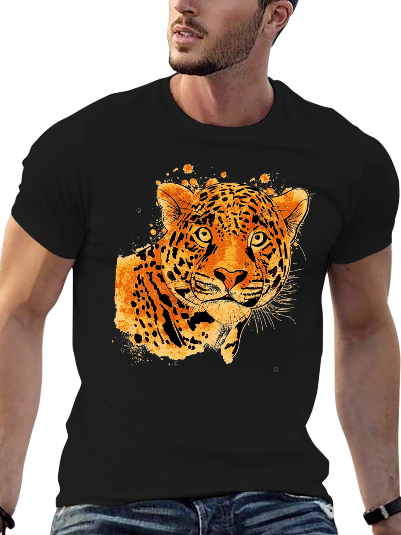 Black Tee with Abstract Leopard Graphic