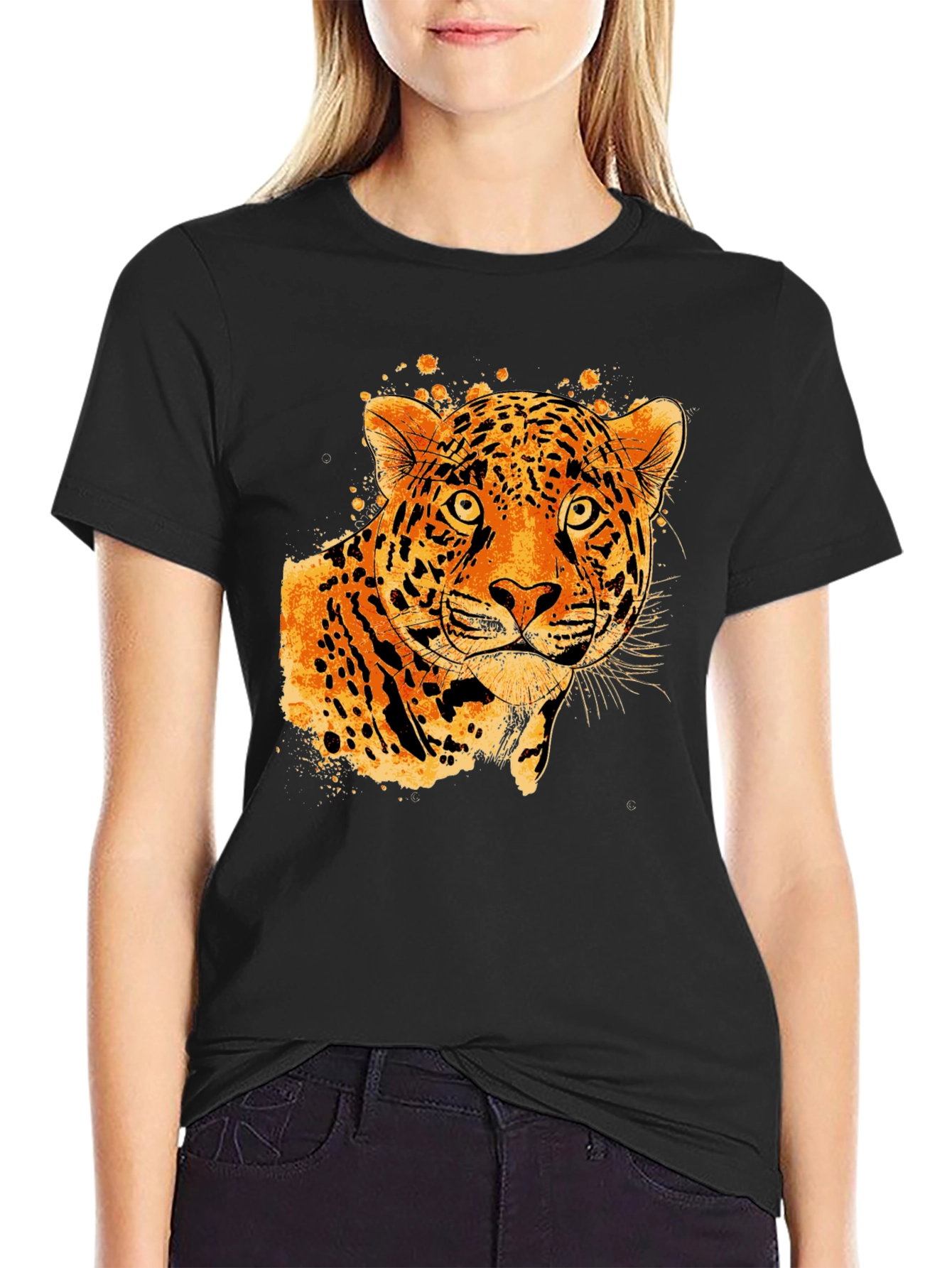 Black Tee with Abstract Leopard Graphic