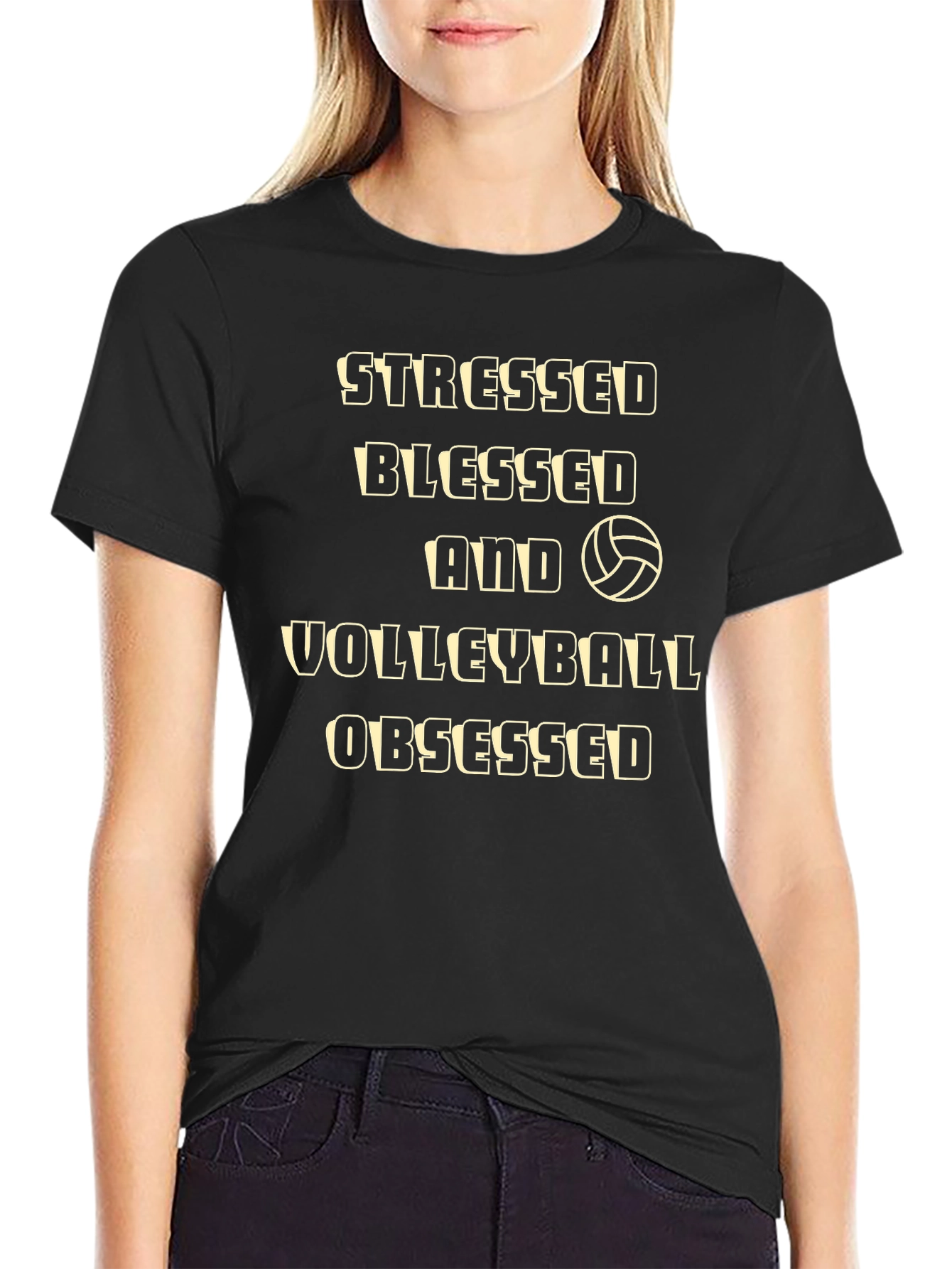 Stressed Blessed Volleyball Obsessed Black T-Shirt