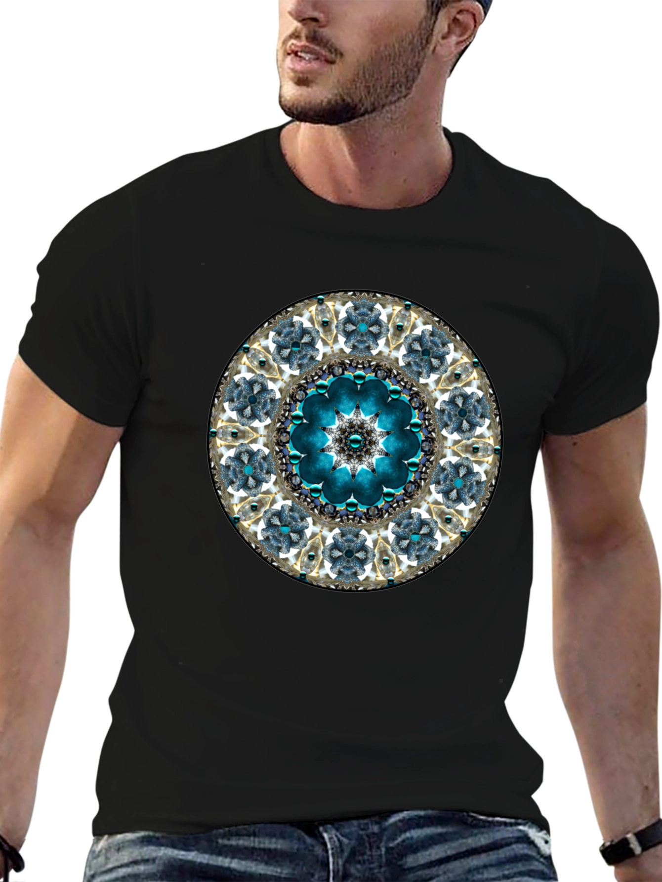 Blue Mandala Graphic Tee - Unique Geometric Design