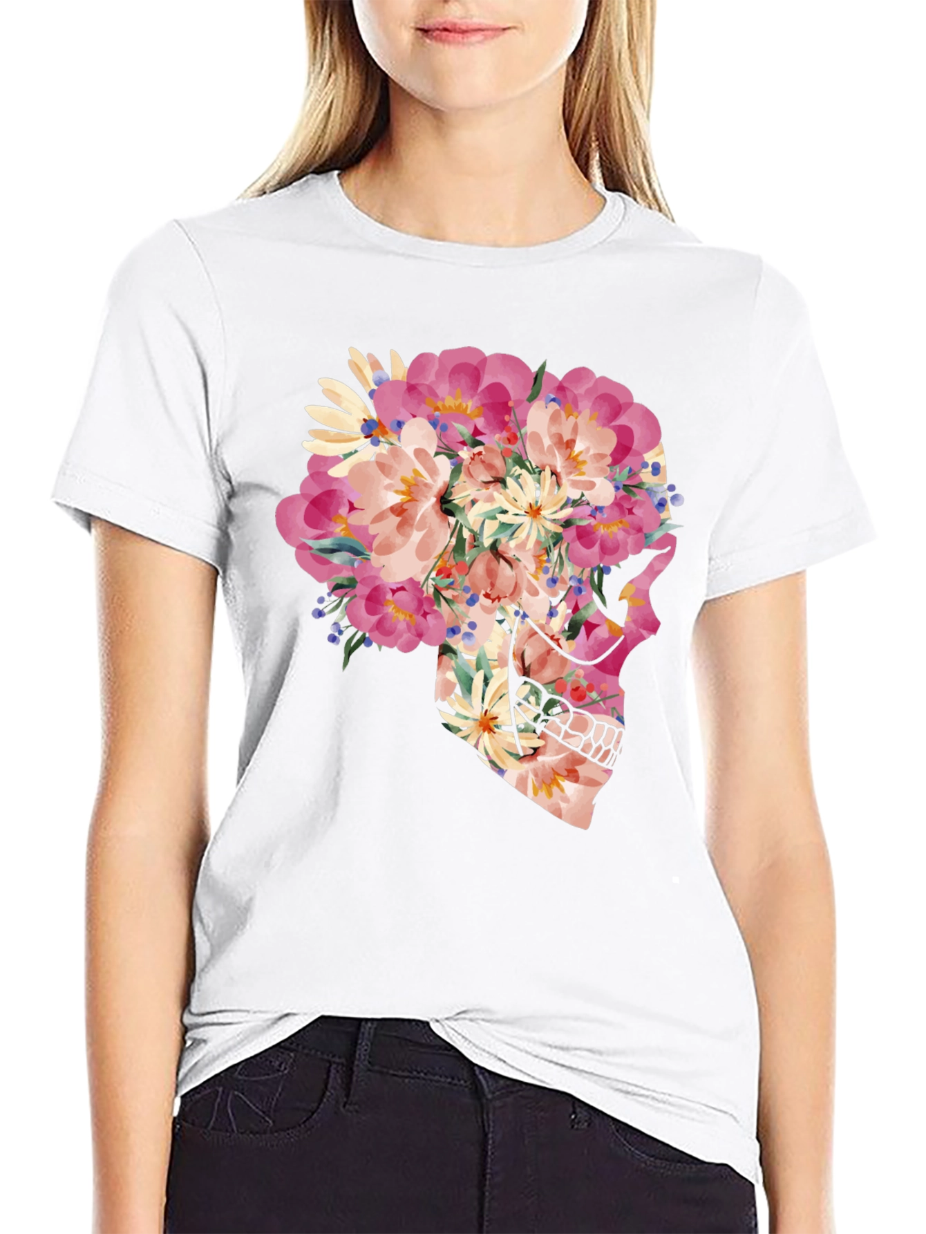 Floral Skull Graphic T-Shirt - Unique Art Tee