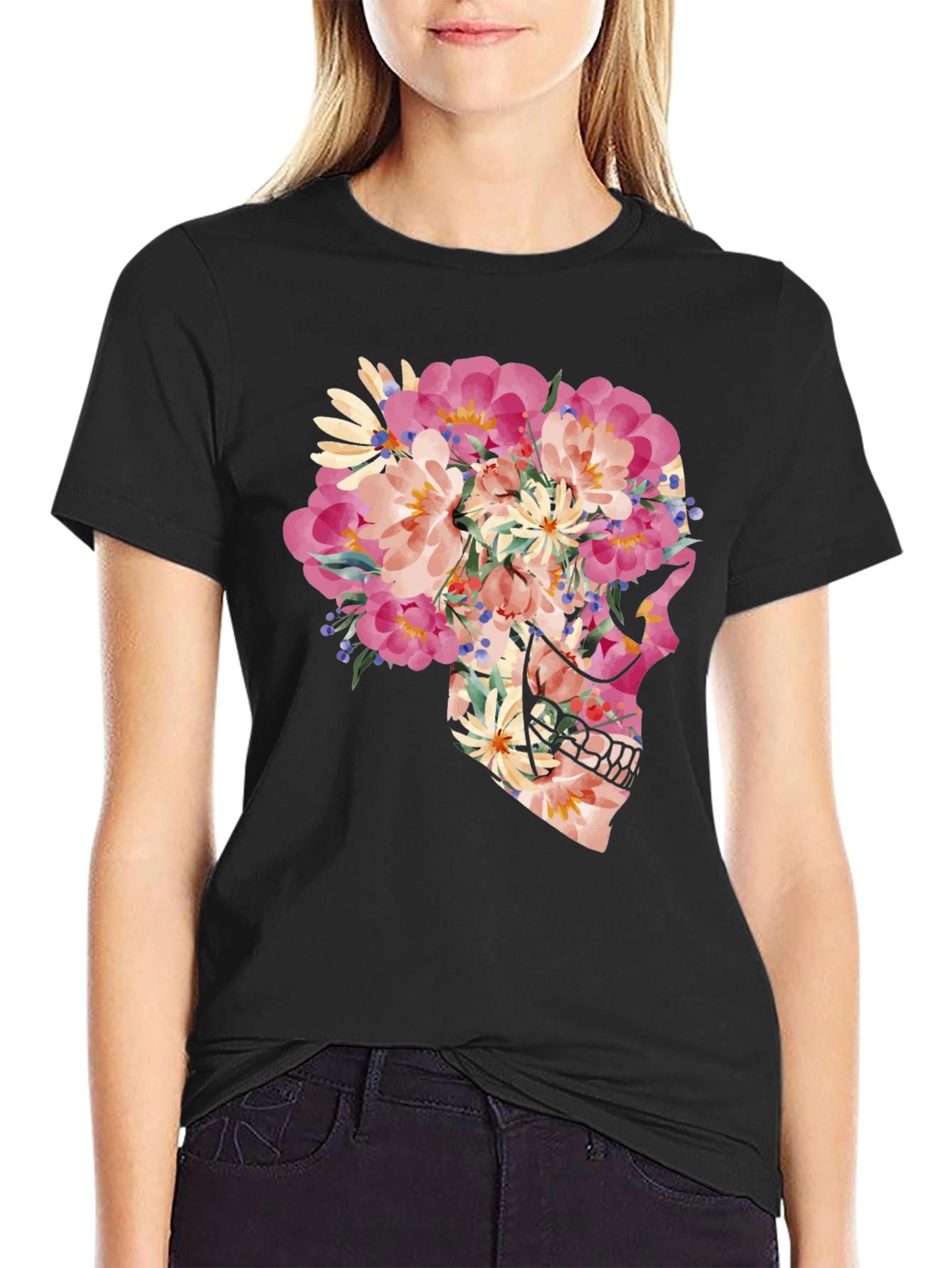 Floral Skull Graphic T-Shirt - Unique Art Tee