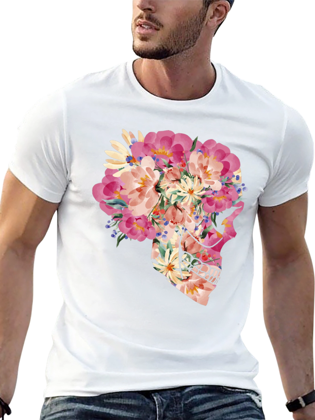 Floral Skull Graphic T-Shirt - Unique Art Tee