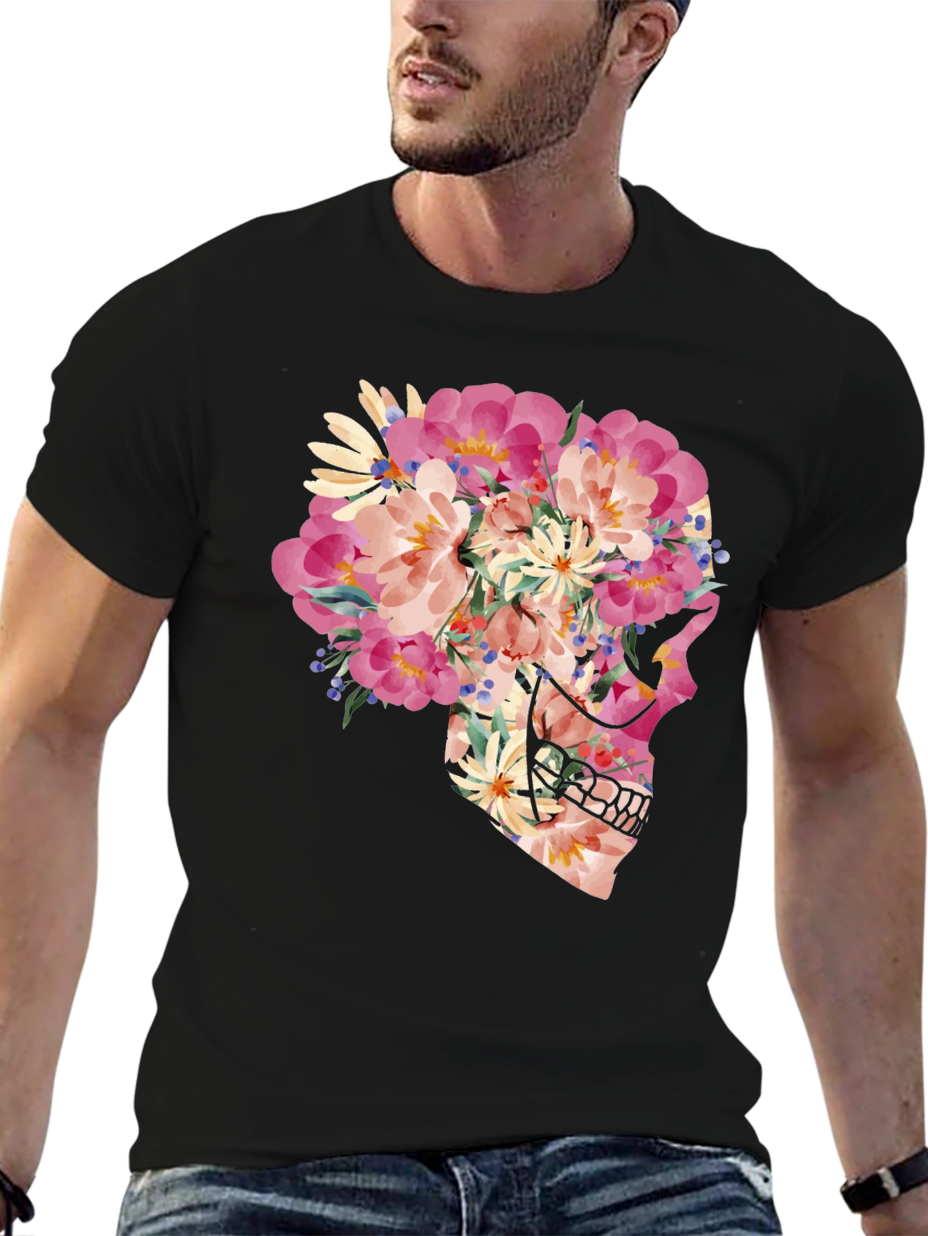 Floral Skull Graphic T-Shirt - Unique Art Tee
