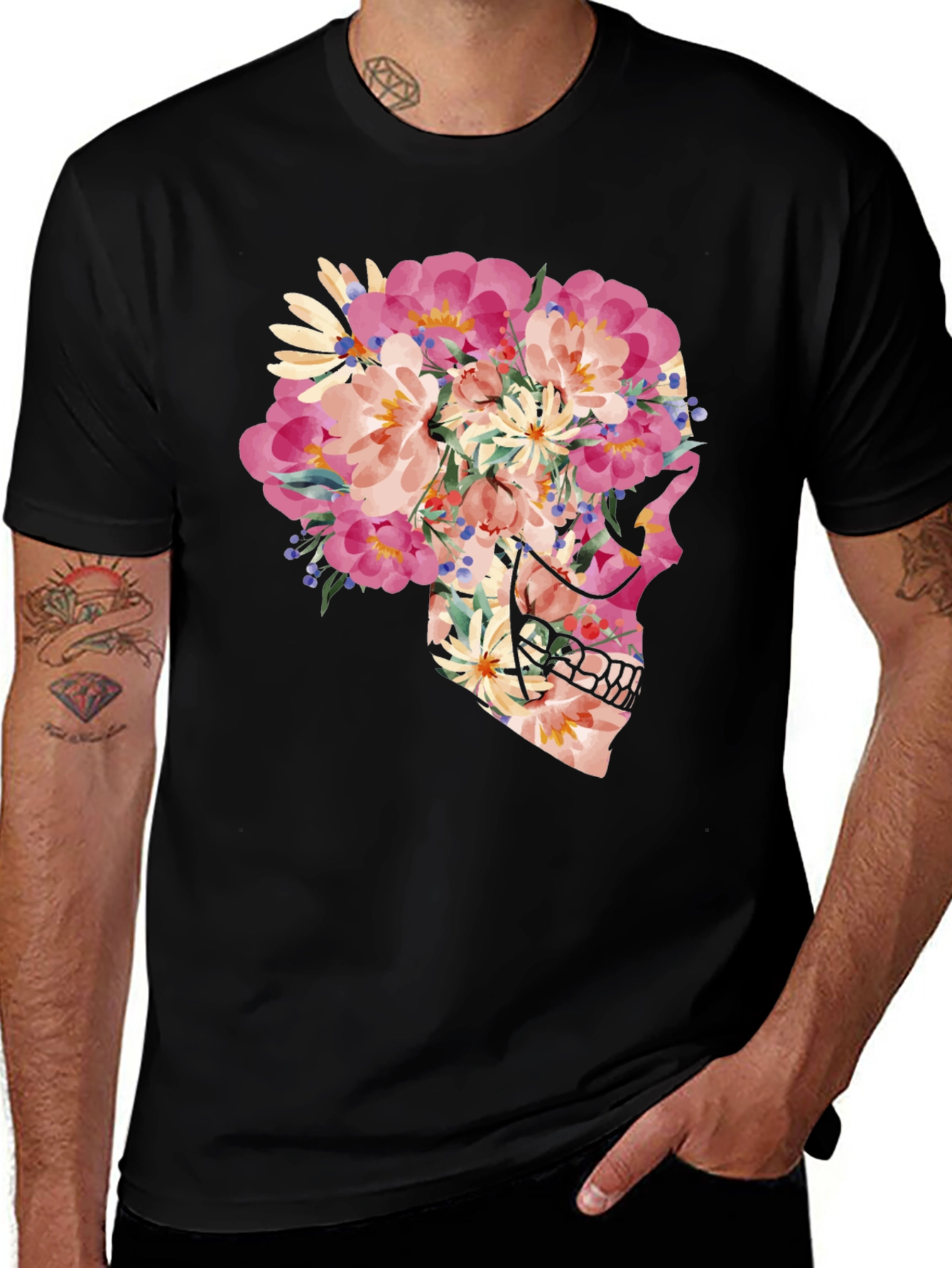 Floral Skull Graphic T-Shirt - Unique Art Tee