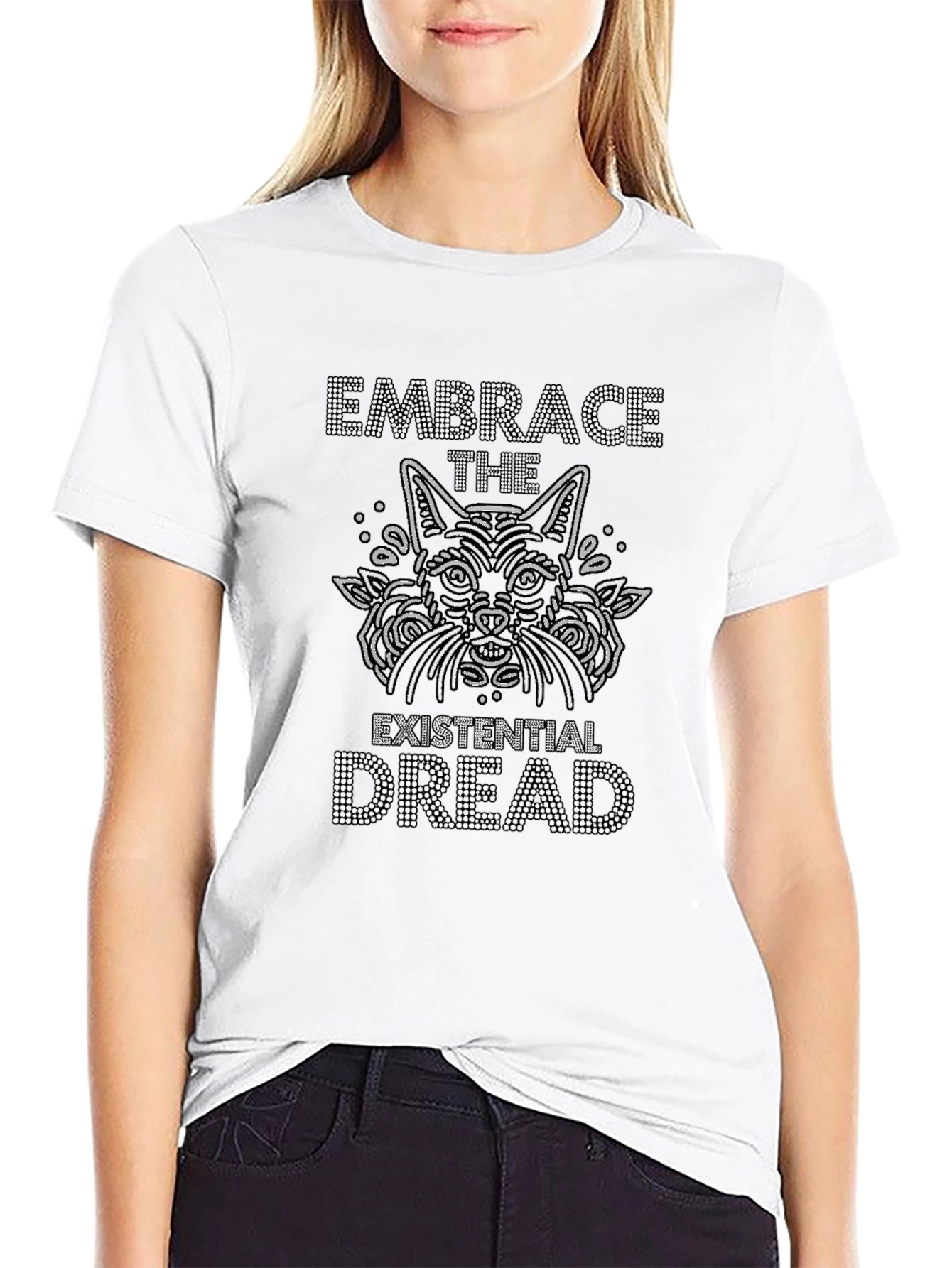 Existential Dread Cat Graphic Tee - Black Cotton T-Shirt